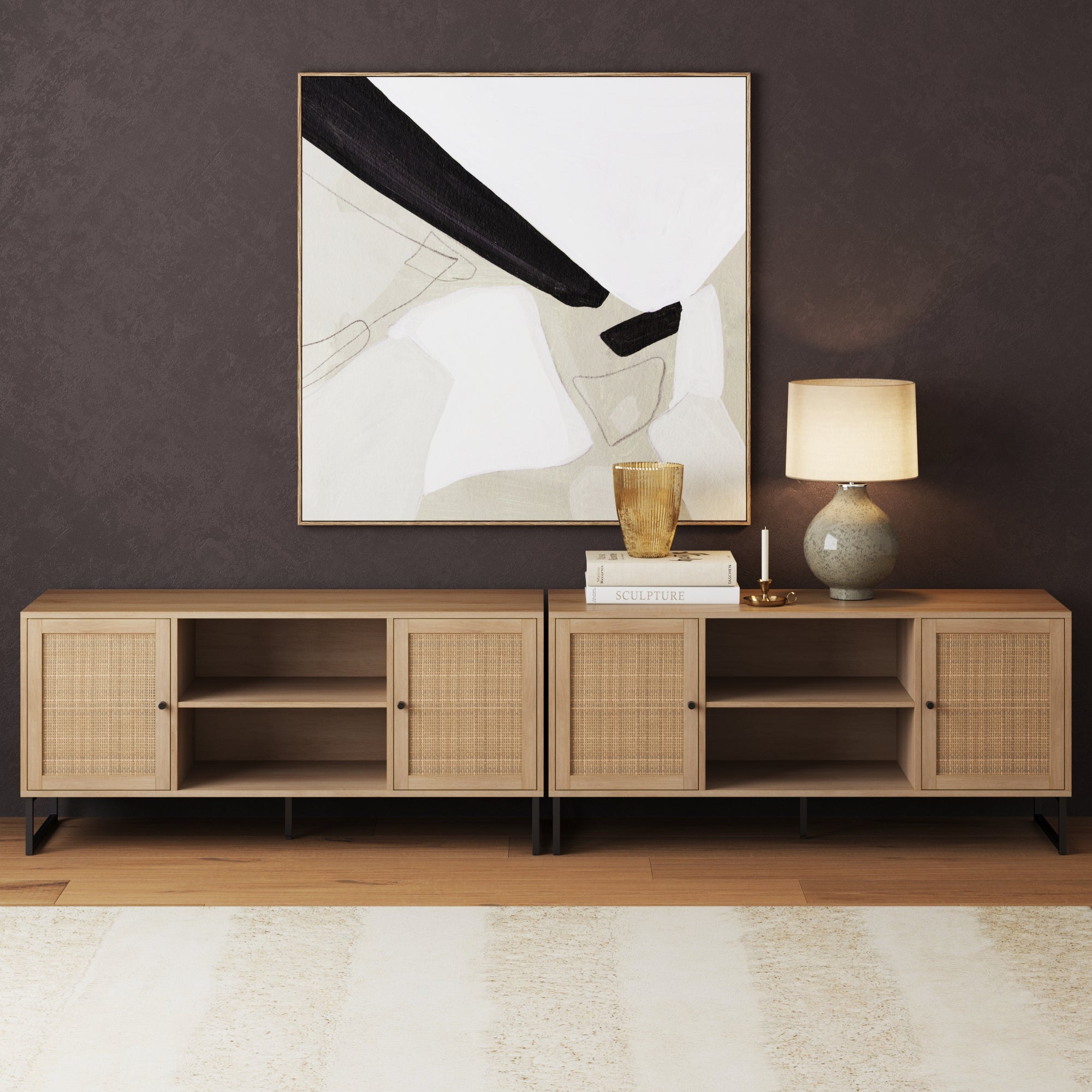 Rattan TV Console Credenza Light Oak (Set of 2) - Nathan James