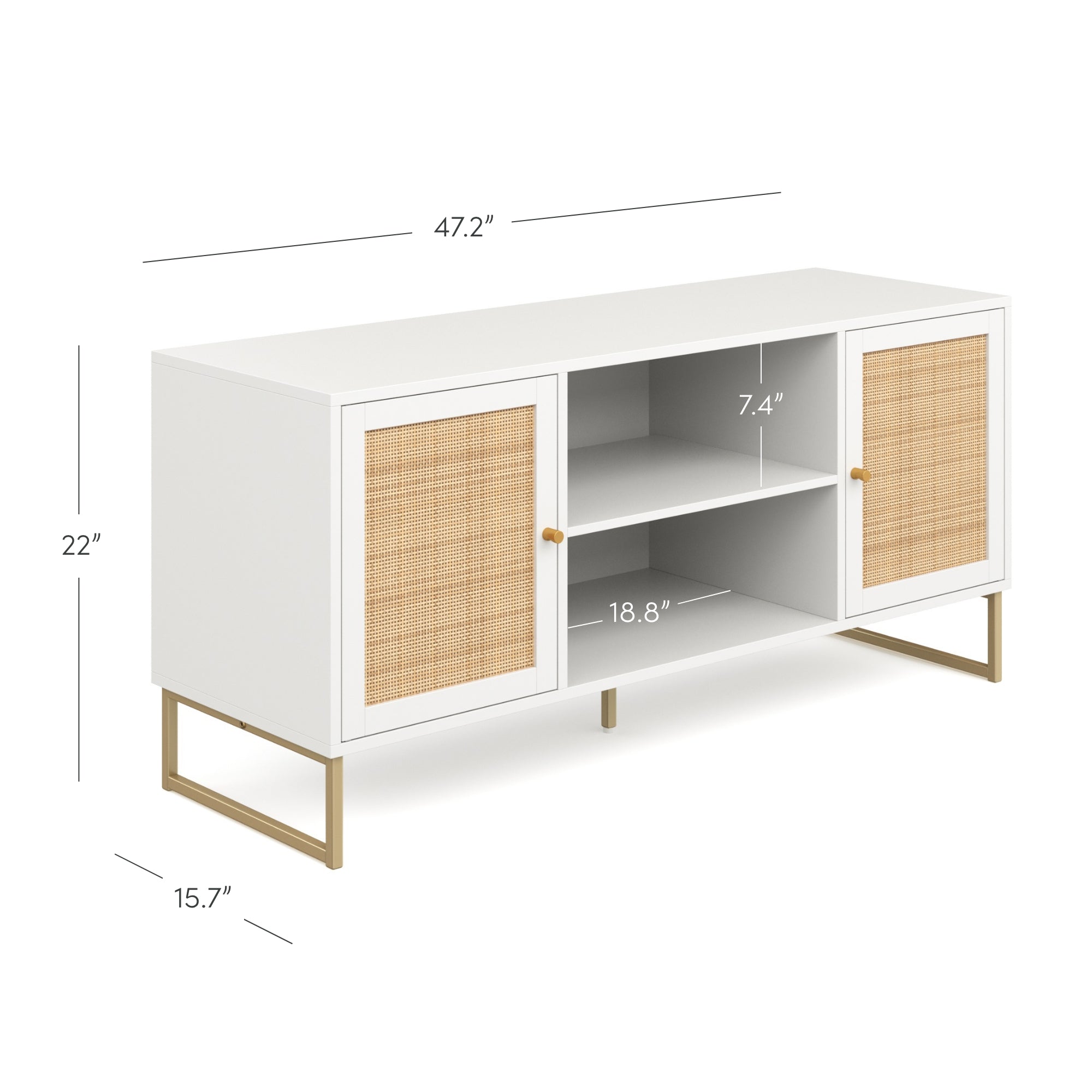 White TV stand with gold legs, two rattan-front doors, and open central shelves. Dimensions are 47.2 wide, 22 high, and 15.7 deep. Central open shelf is 7.4 high and 18.8 wide.