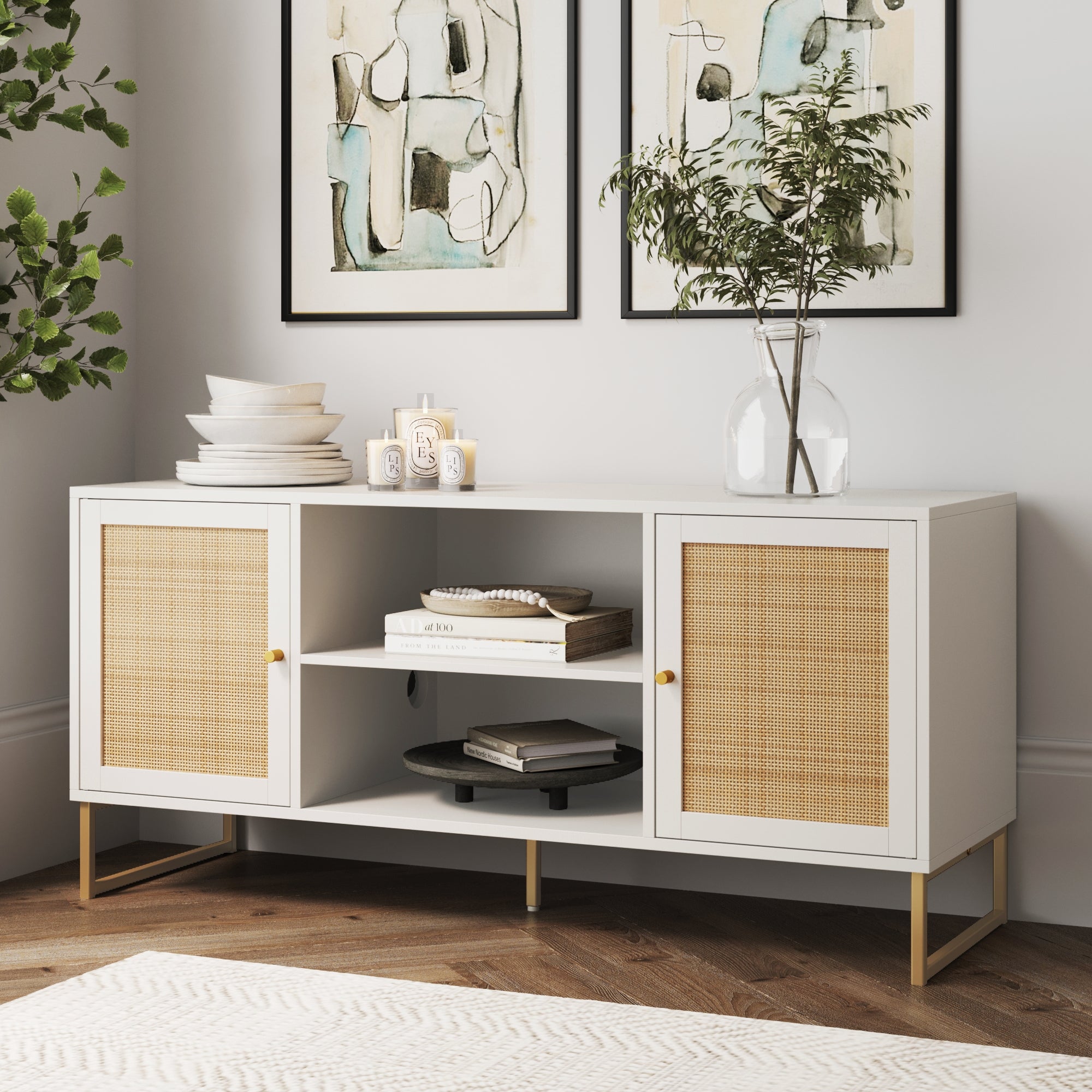 Rattan & Wood 2 - Door TV Cabinet White - Nathan James