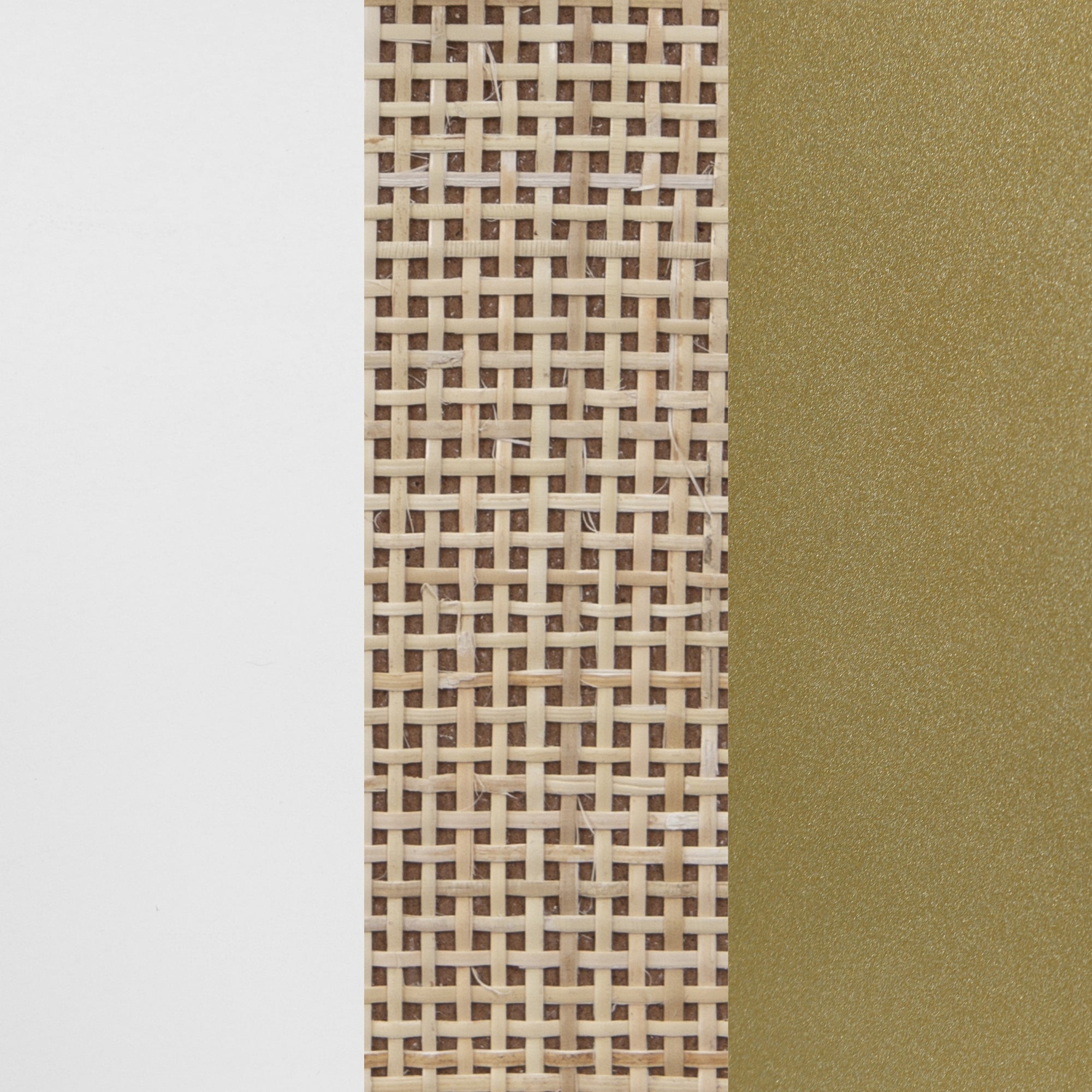 A vertical split image showing three sections: white on the left, woven beige rattan in the center, and metallic gold on the right.