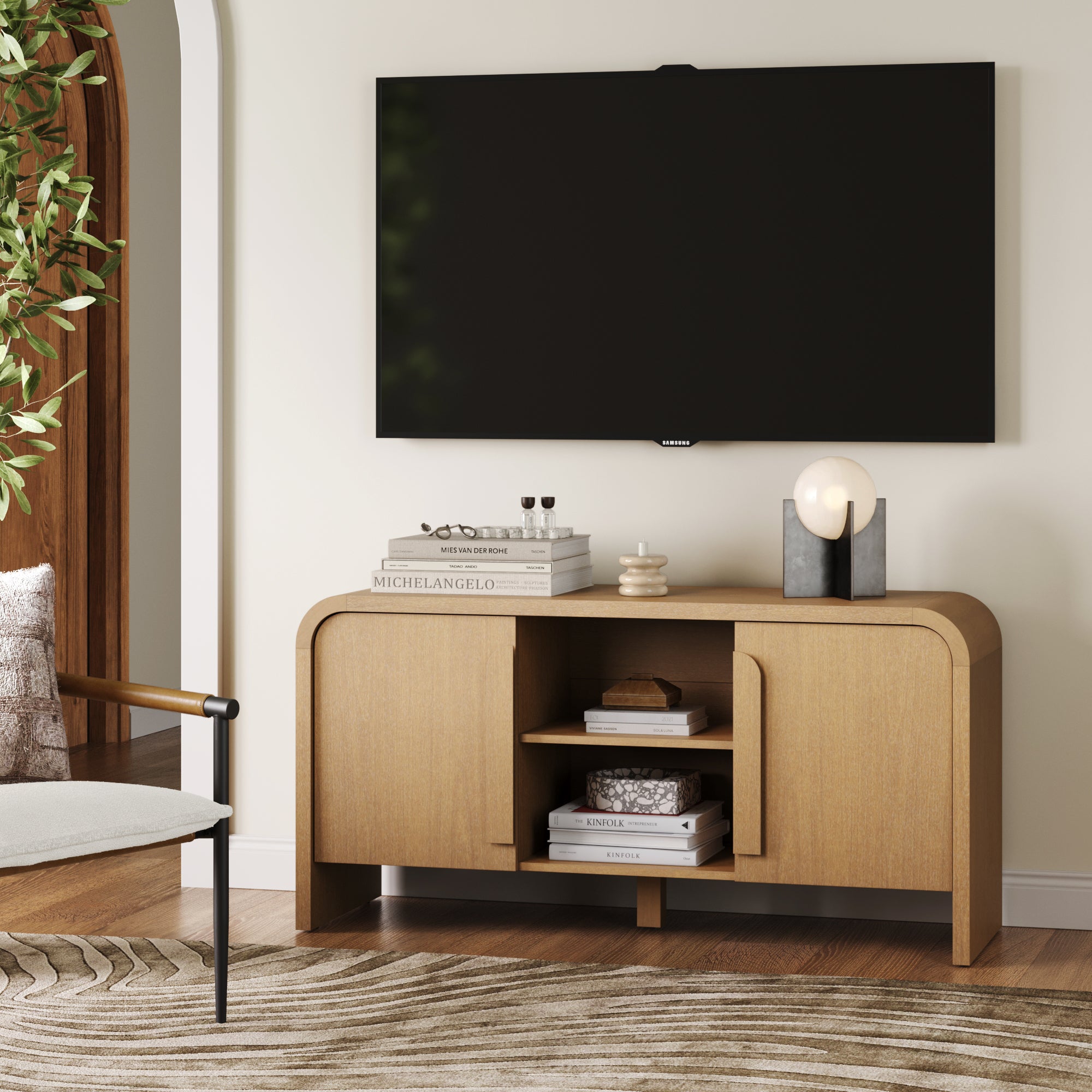 Arched TV Stand or Media Console Cabinet Warm Oak - Nathan James