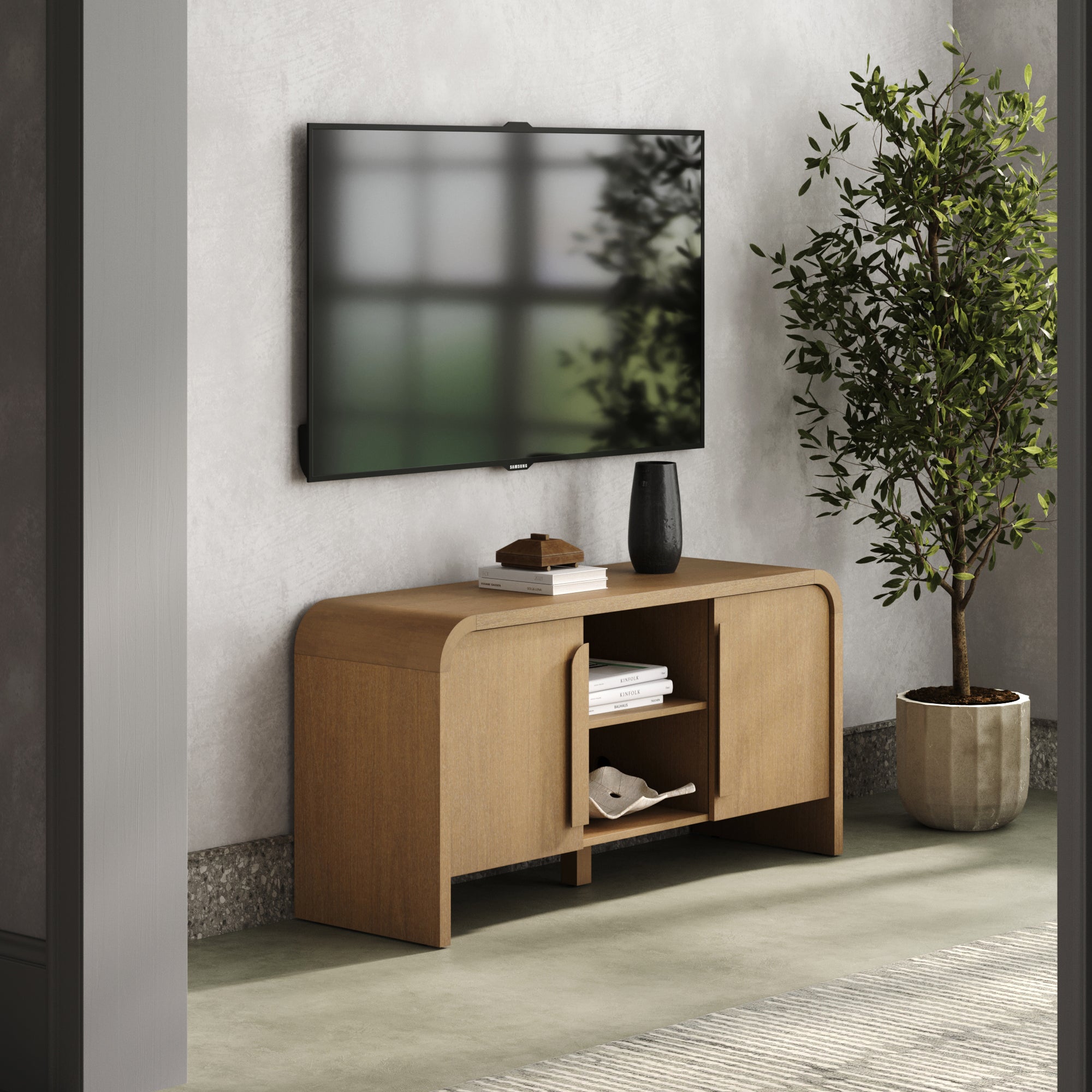 Arched TV Stand or Media Console Cabinet Warm Oak - Nathan James
