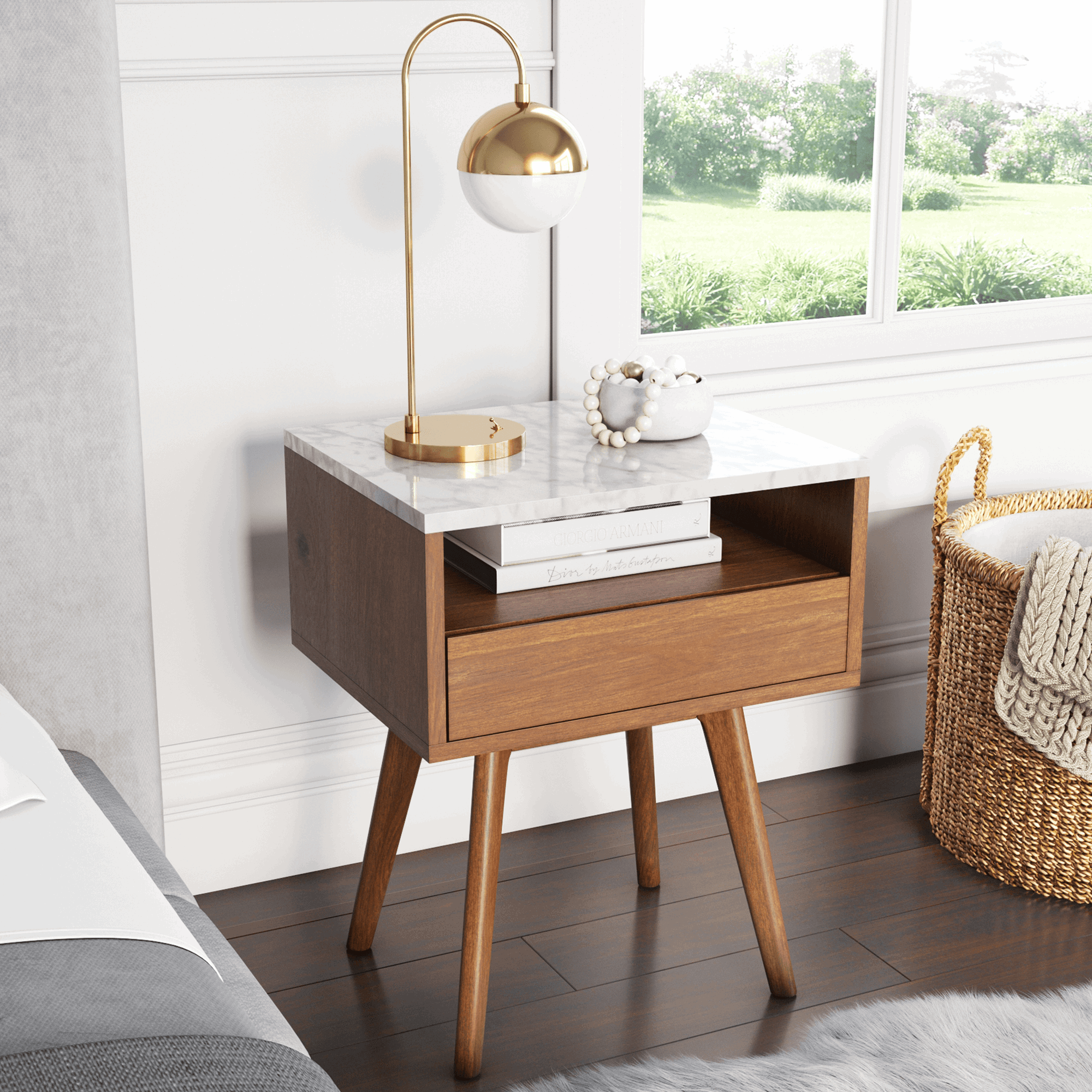 Mid - Century Faux Marble Nightstand with Drawer - Nathan James