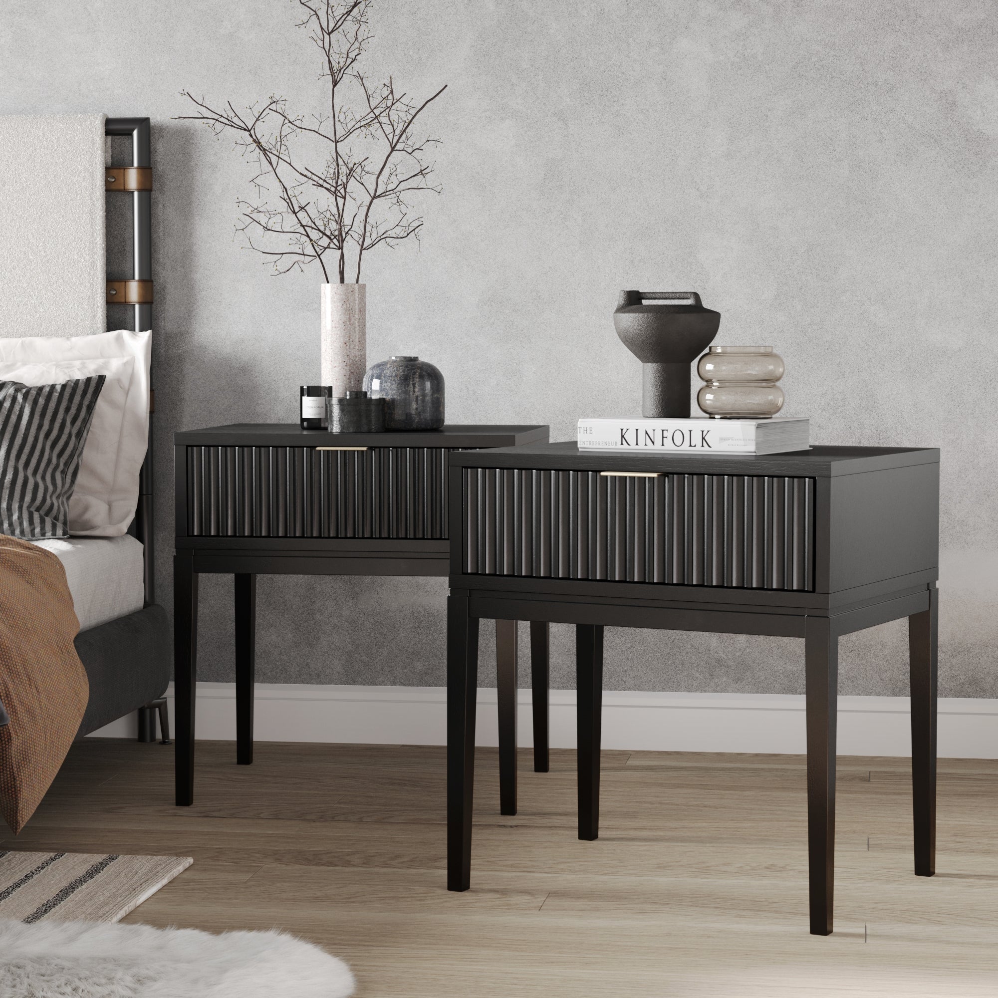 Mid - Century Fluted Nightstands Black Oak (Set of 2) - Nathan James