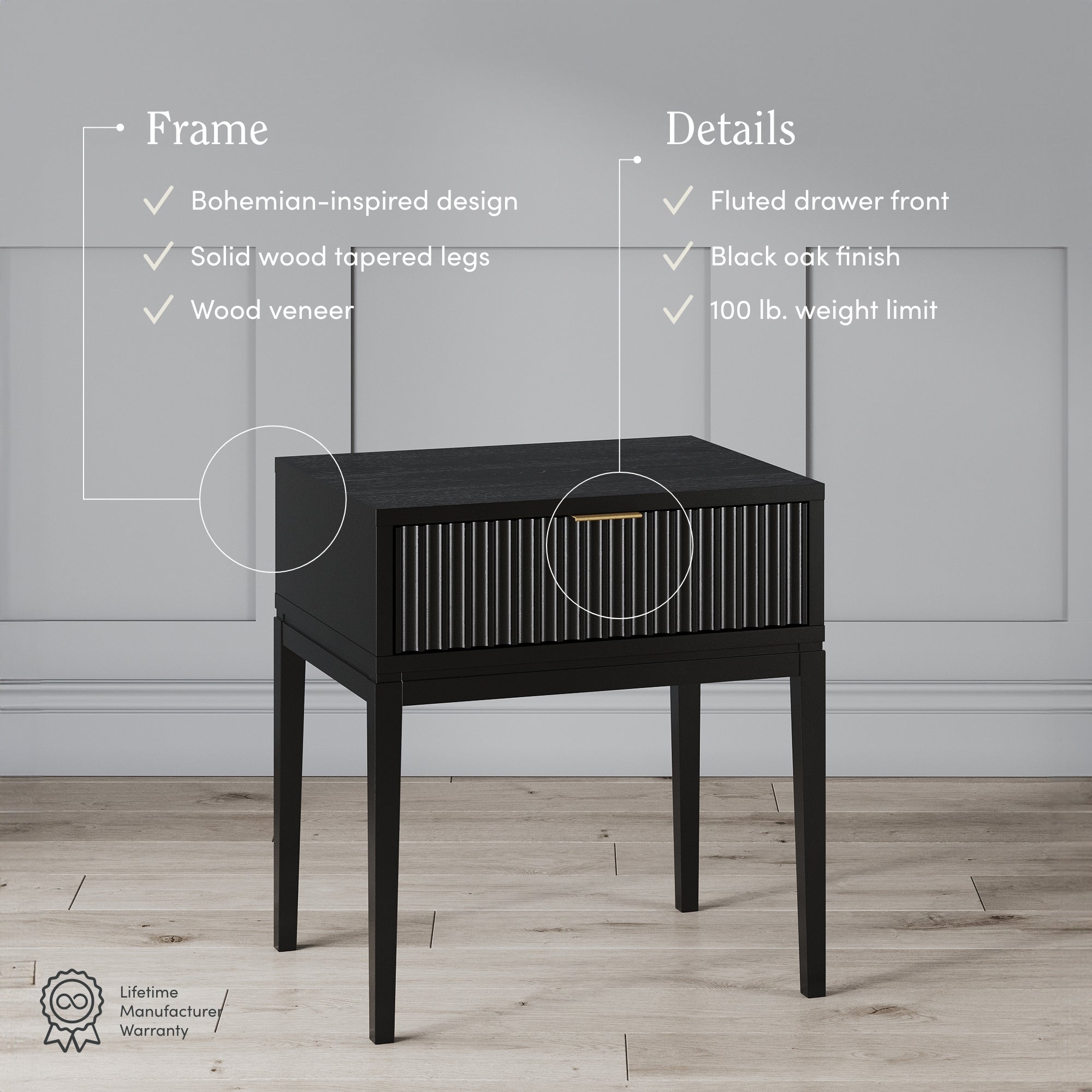 A black wood nightstand with slender legs and a fluted drawer front stands on a light wood floor, with labeled highlights noting bohemian-inspired design, wood veneer, black oak finish, and 100 lb. weight limit.
