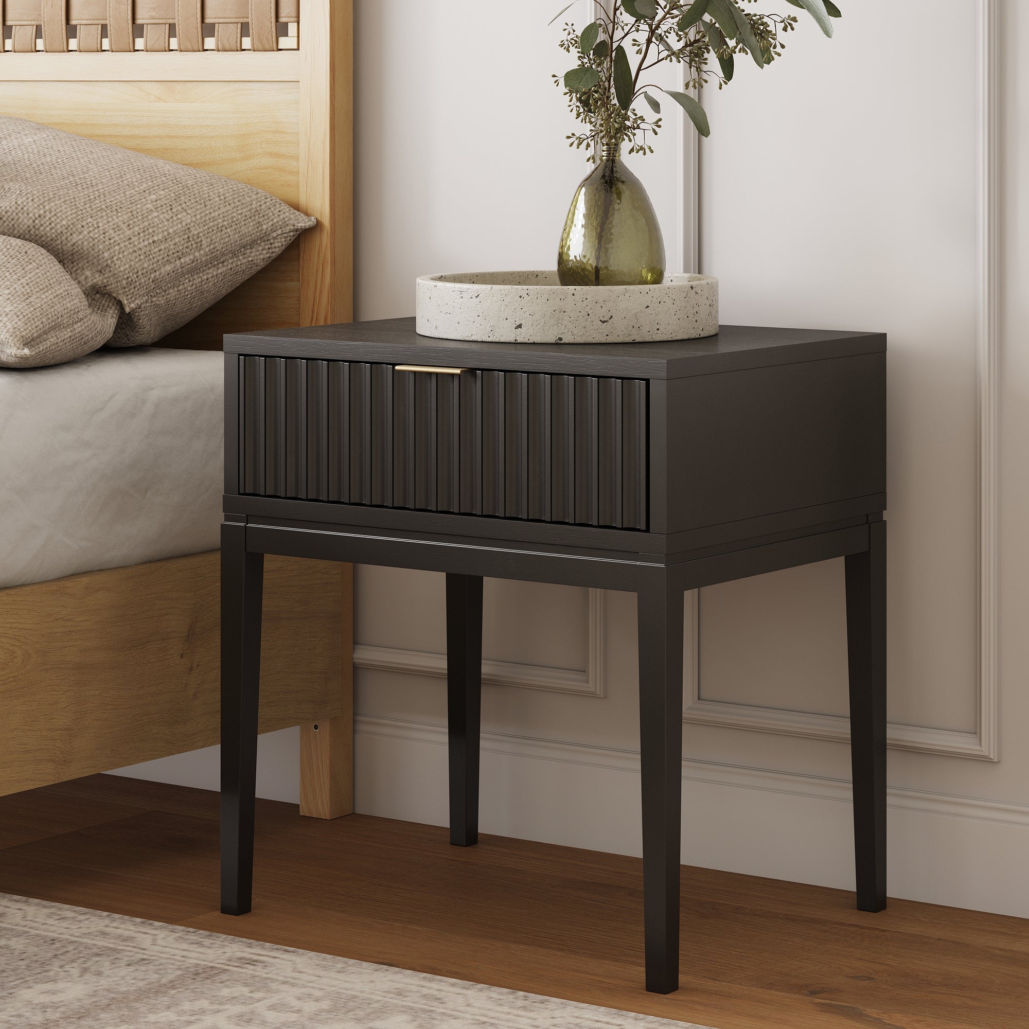 Mid - Century Fluted Nightstand Black Oak - Nathan James
