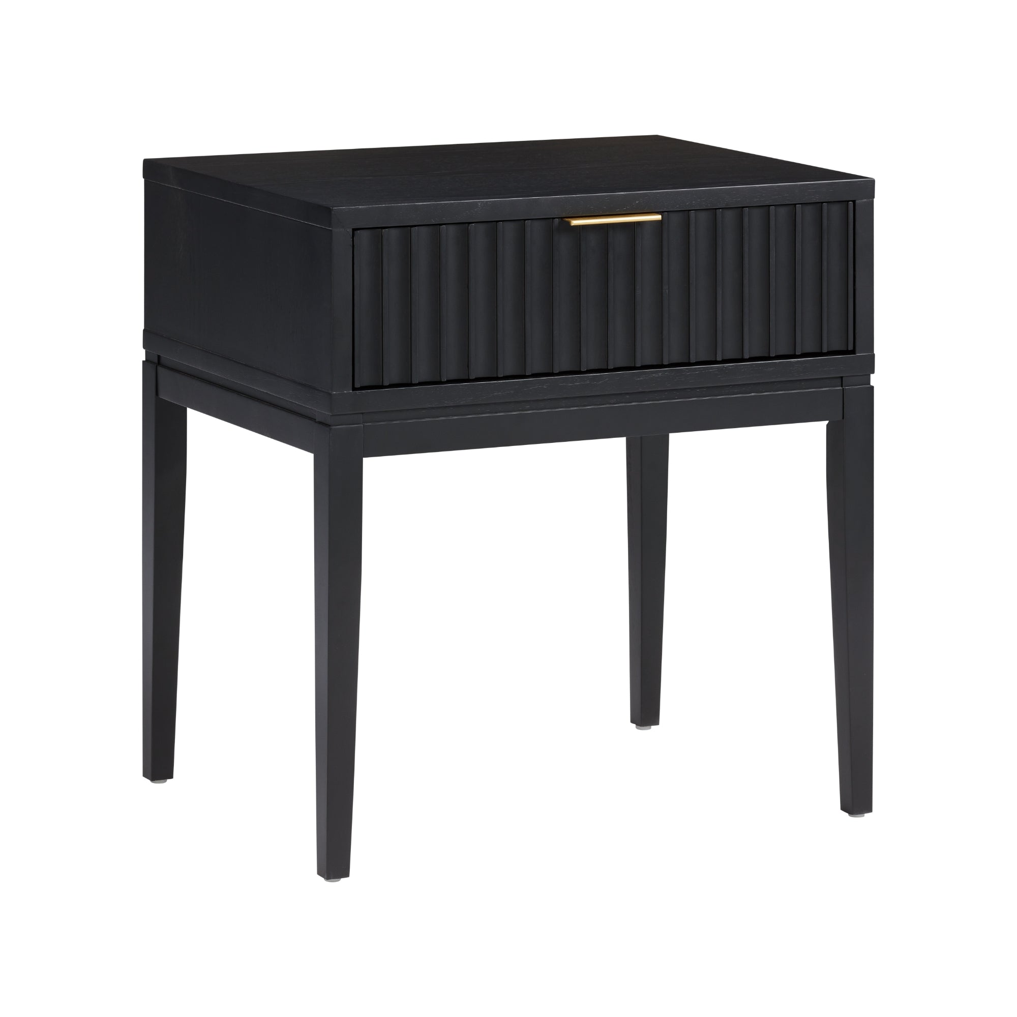 A modern black wooden nightstand with slender legs, a single drawer featuring vertical grooves, and a slim gold handle, photographed against a white background.