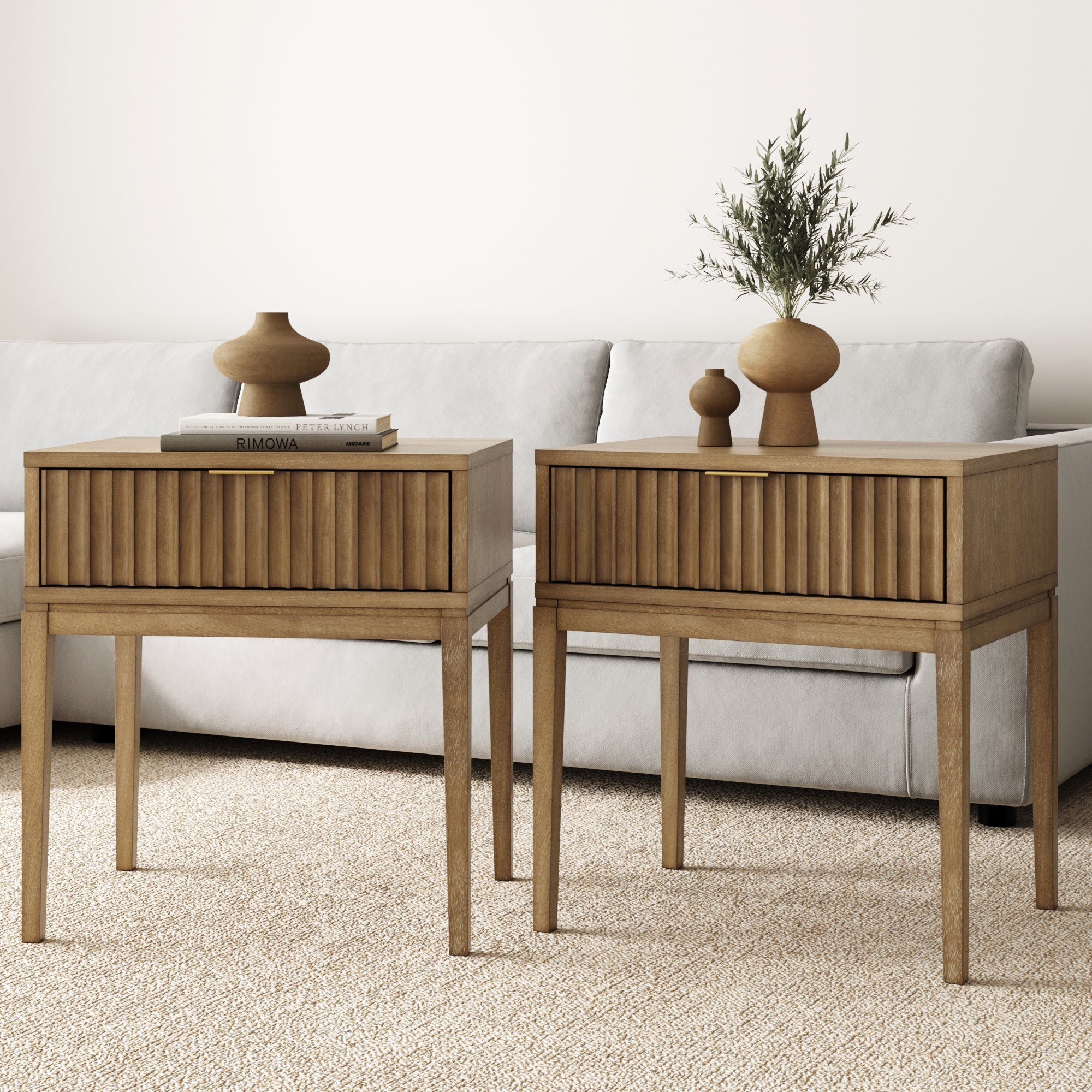 Bohemian Solid Wood Nightstand Set of 2 with Drawer Light Brown - Nathan James