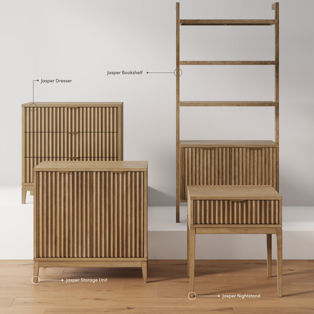 Set of two Nathan James Mid-Century Fluted Storage Cabinet Credenza Light Brown pieces, accompanied by a matching bookshelf and nightstand, all in light brown with distinct fluted door and drawer fronts.