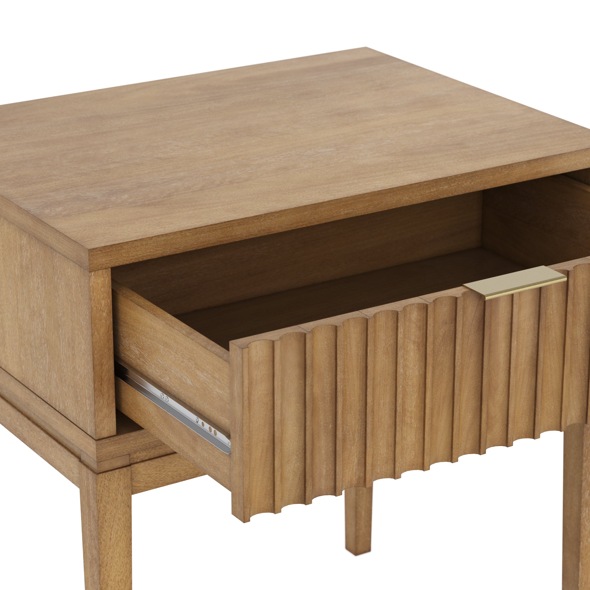 A wooden nightstand with a single open drawer, featuring vertical grooves on the drawer front and a rectangular metallic handle. The nightstand has a natural wood finish and simple, straight legs.