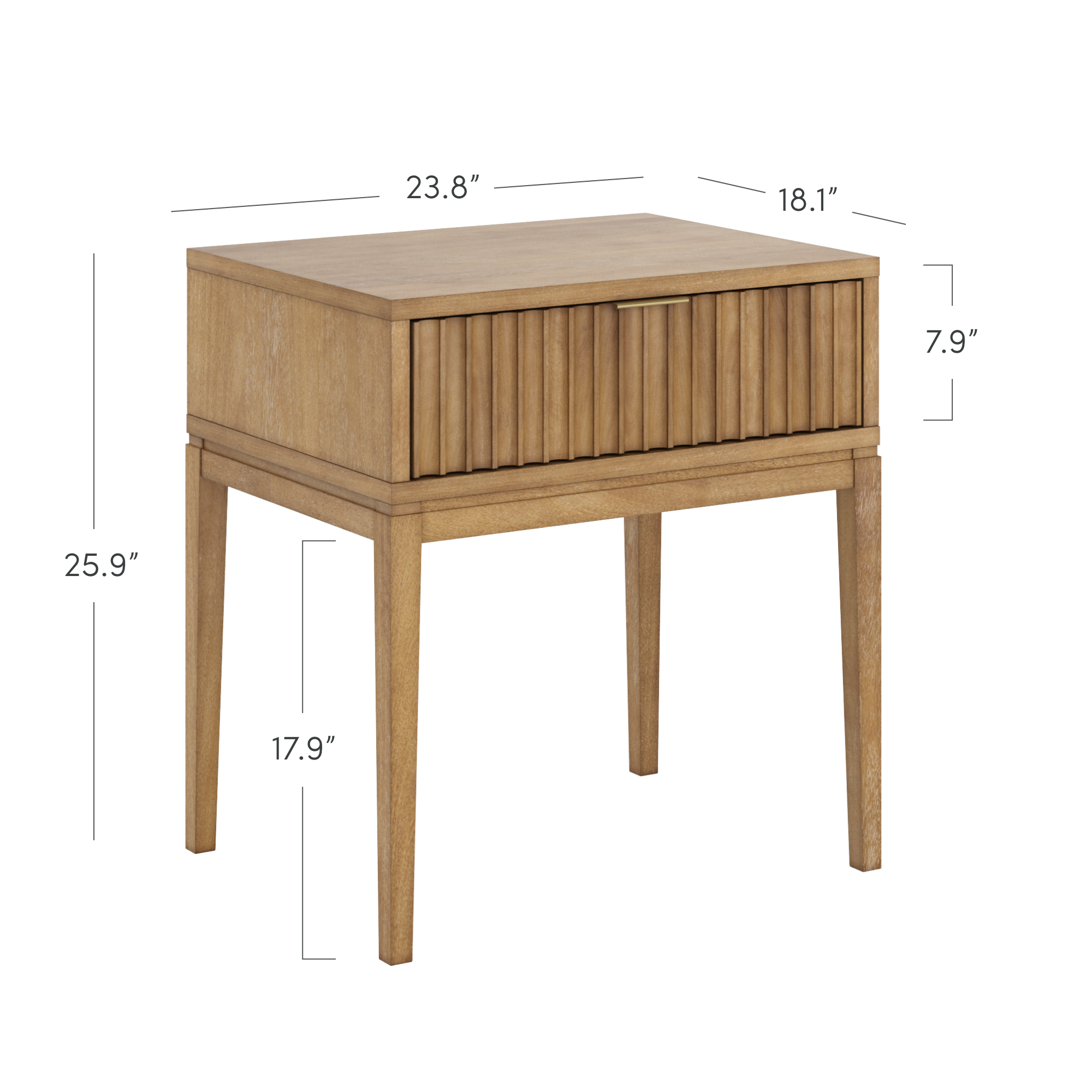 A wooden nightstand with a single drawer featuring a vertical slat design. Dimensions are labeled: 23.8 wide, 18.1 deep, 25.9 high overall, with the drawer section 7.9 high and the legs 17.9 tall.