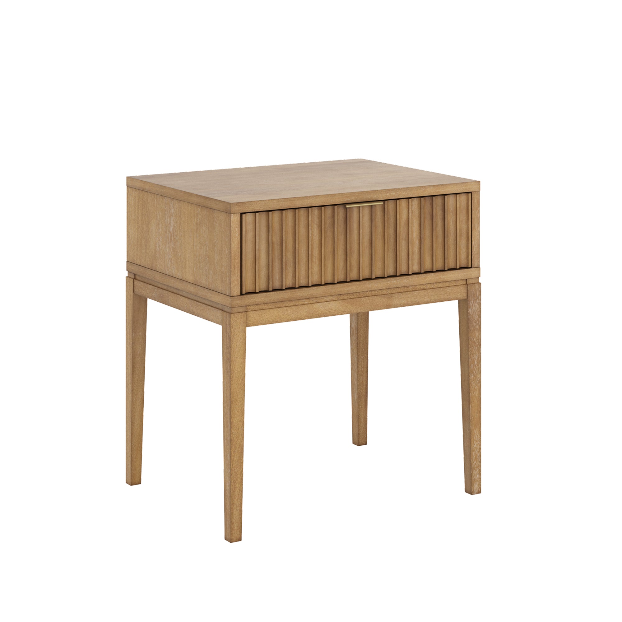 A wooden nightstand with four legs and a single drawer featuring a vertical slatted design and a small gold handle.