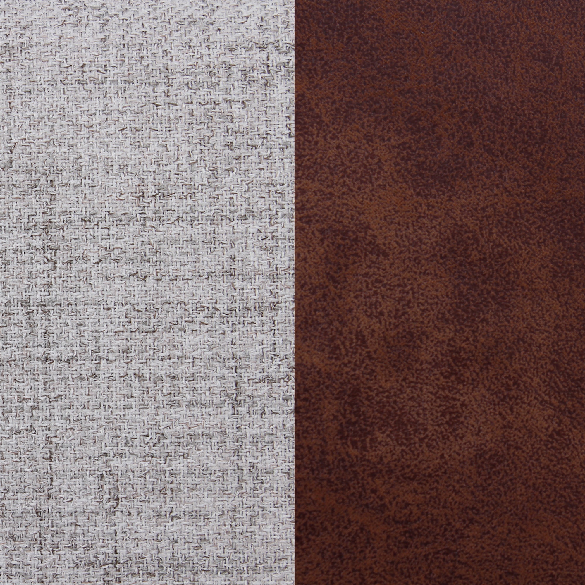 A split image showing two textures: the left side features a light gray woven fabric; the right side shows a dark brown, mottled leather surface.