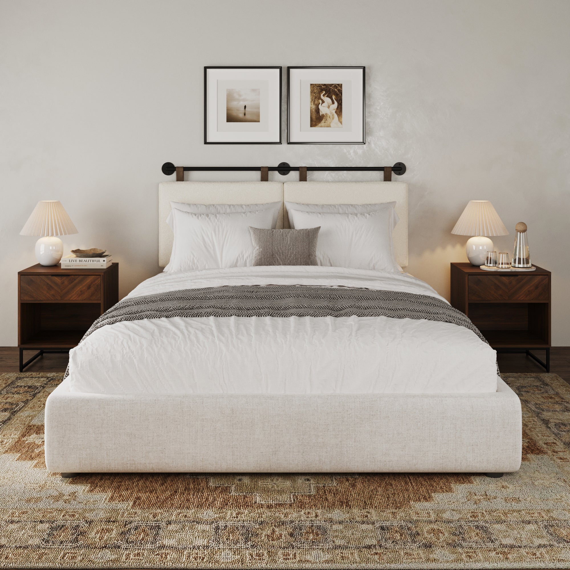 Boucle Queen Headboard and Walnut Nightstand Set - Nathan James