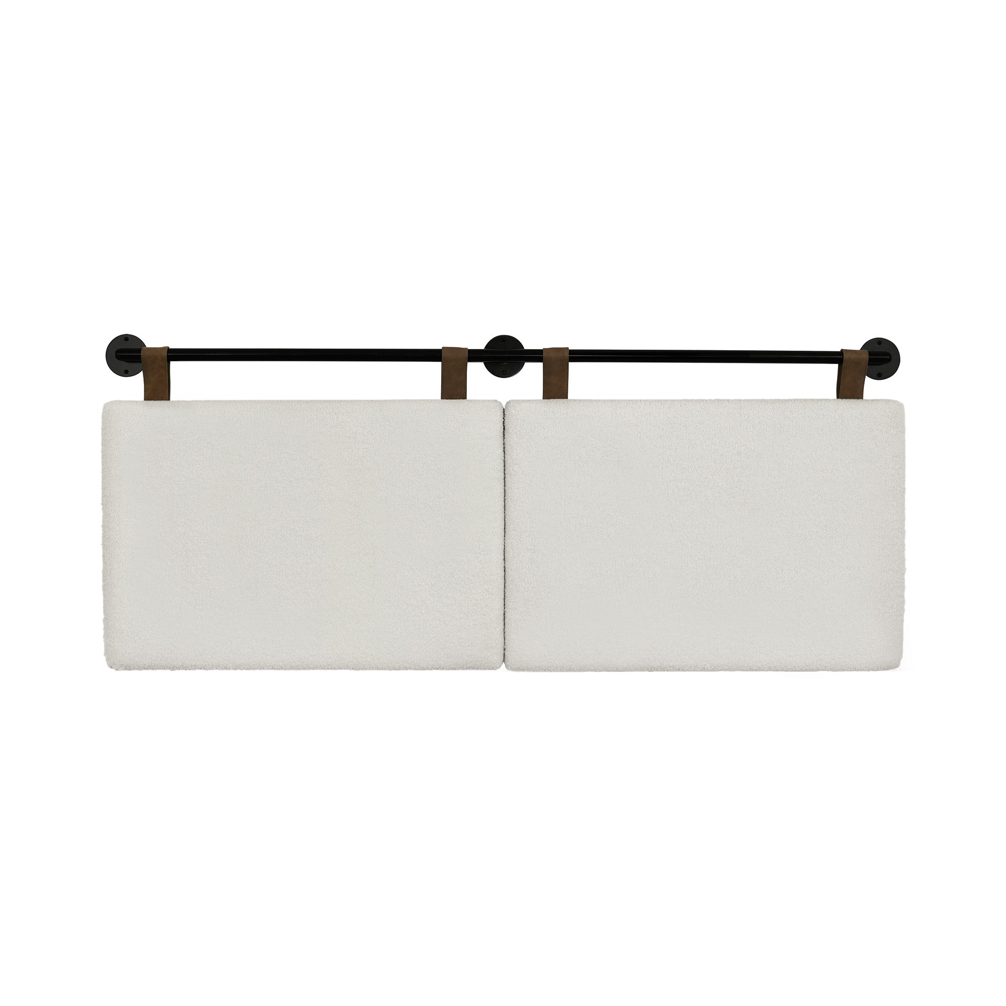 Two rectangular white towels hang side by side from a horizontal black towel rod, each suspended by a dark brown strap. The background is plain and white.