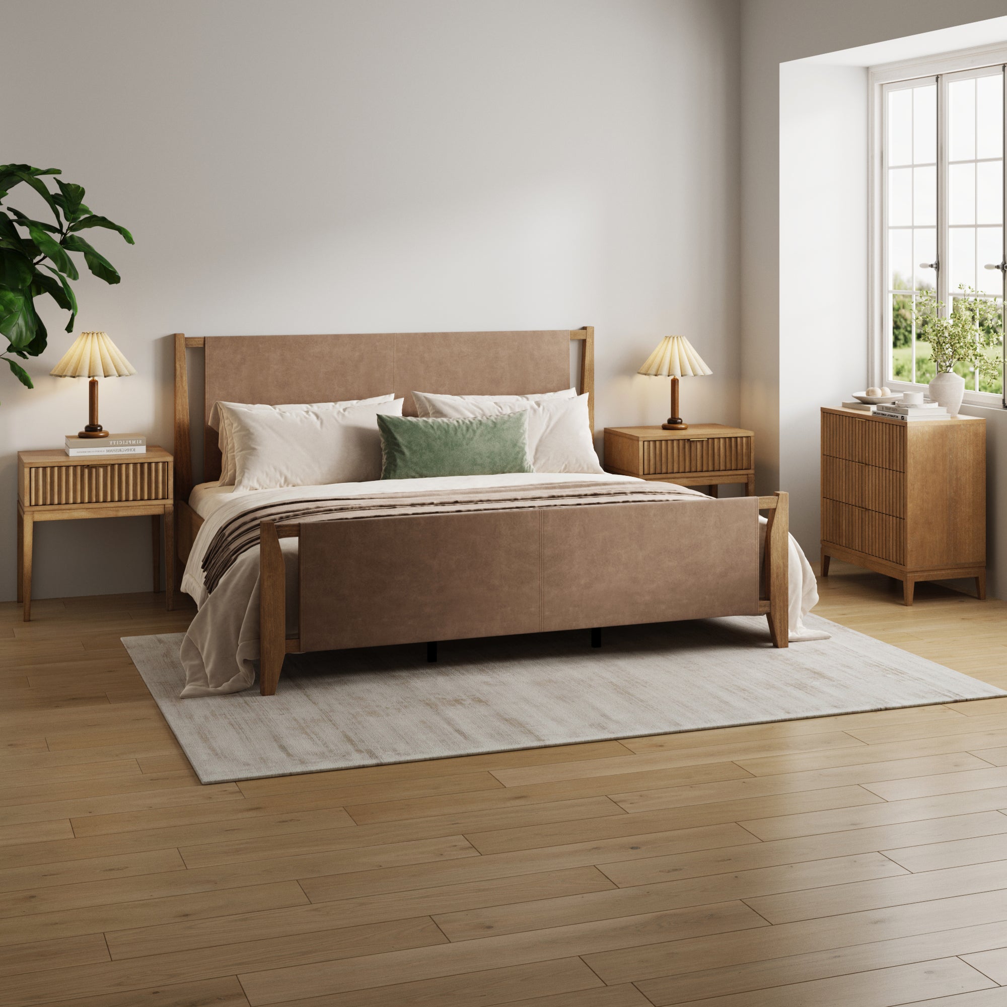 Faux Leather King Bedroom Set with Fluted Dresser & Nightstand Light Brown - Nathan James