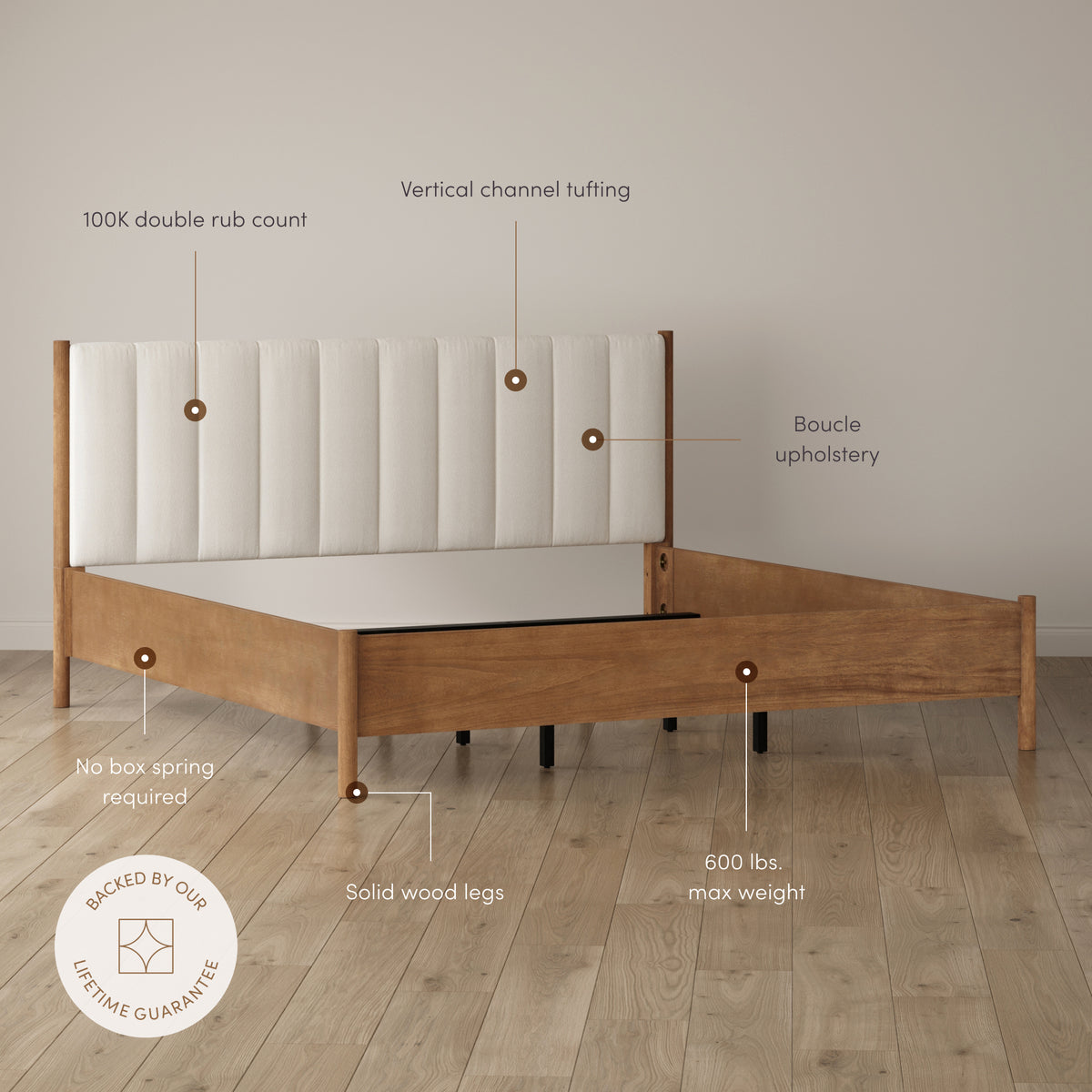 Mid Century Modern King Bed Frame and Arched Nightstand Set Light Brown - Nathan James
