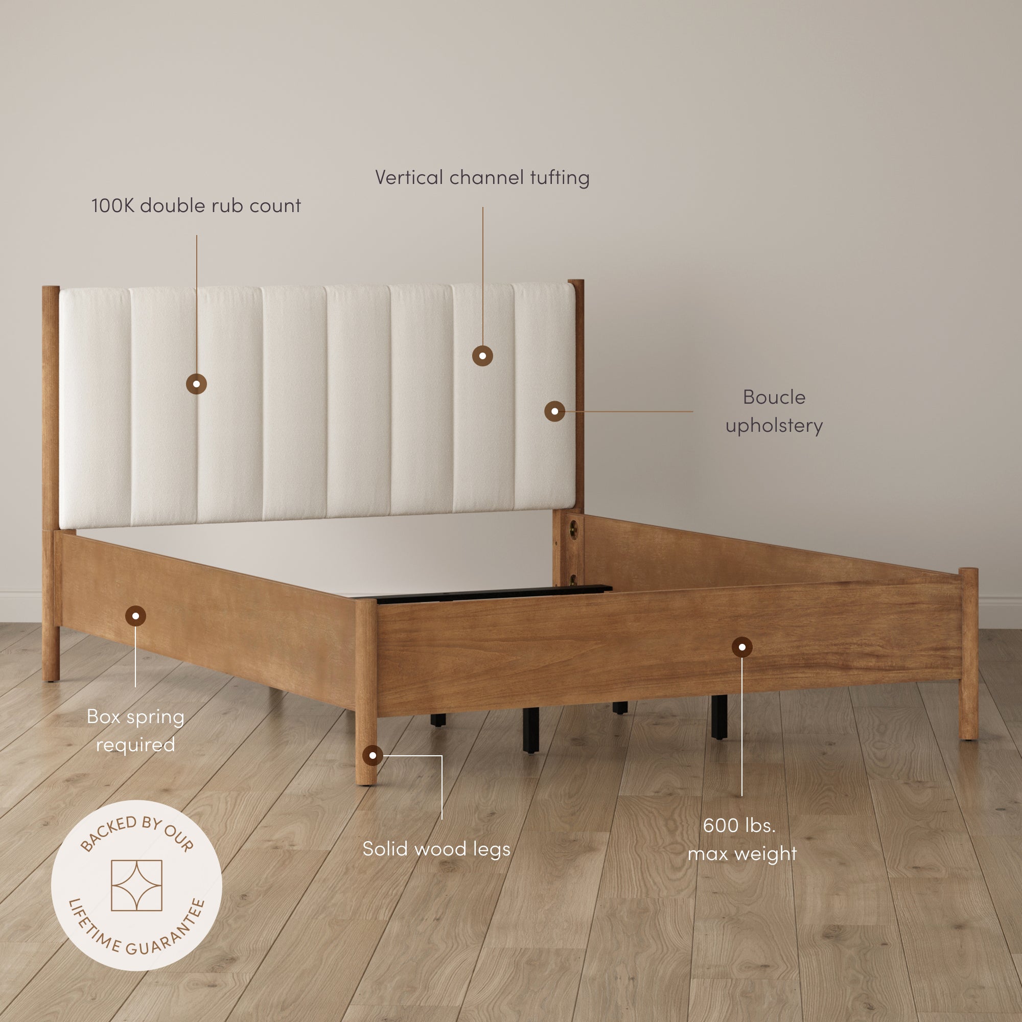 Mid Century Modern Queen Bed Frame and Arched Nightstand Set Light Brown - Nathan James