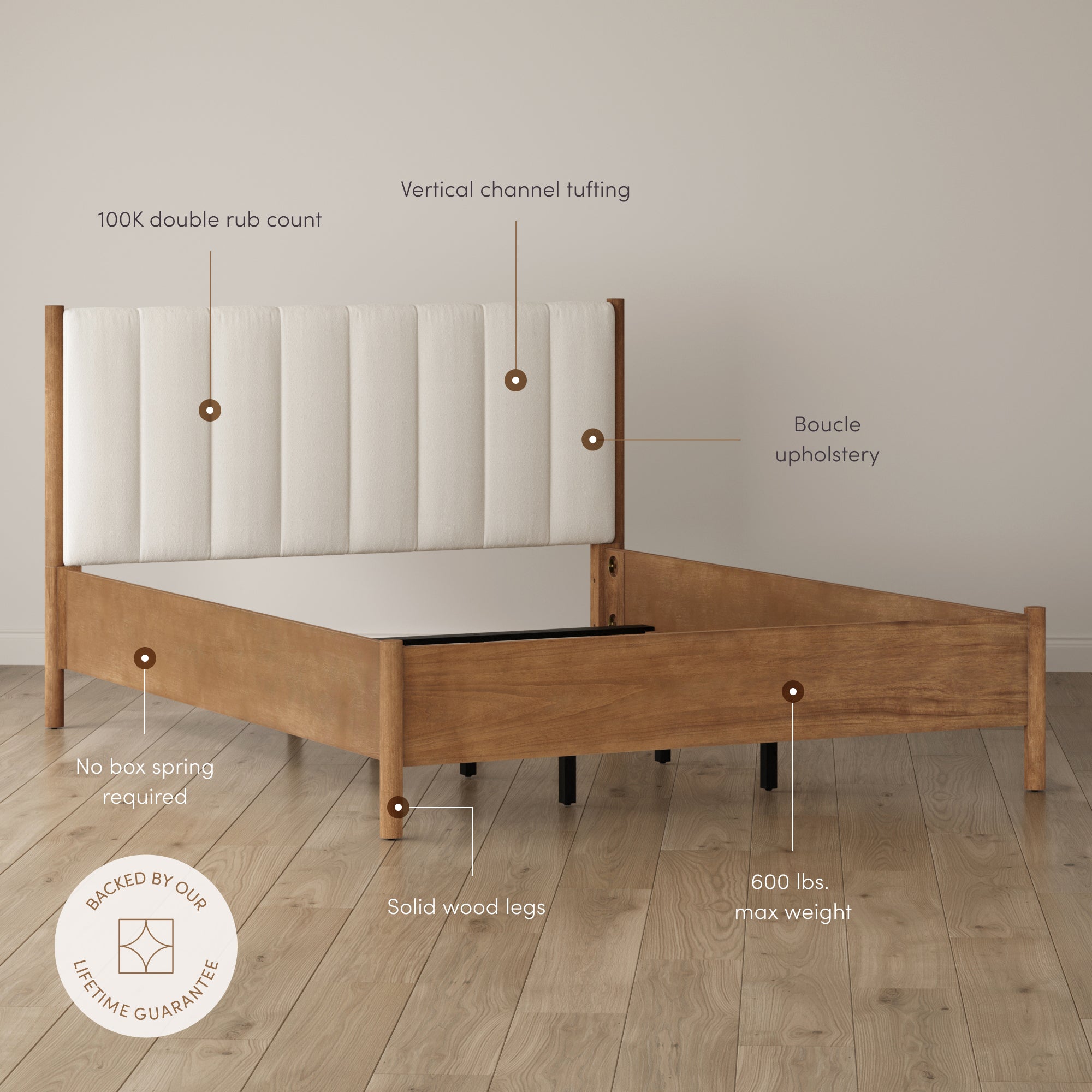 Mid Century Modern Queen Bed Frame and Arched Nightstand Set Light Brown - Nathan James