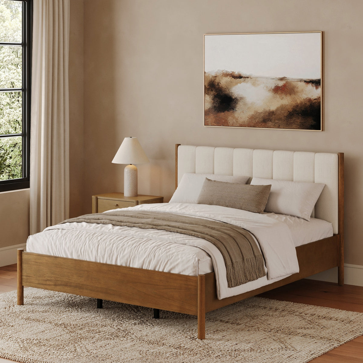 Mid-Century Upholstered Bed Frame with Boucle Headboard Light Brown | Size Queen - Nathan James