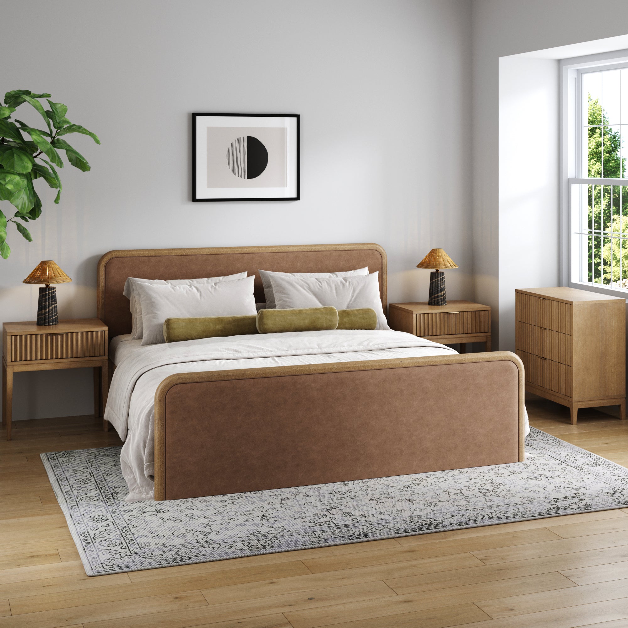 Rounded Faux Leather King Bed Frame with 1 Fluted Dresser and 2 Nightstands Set Light Brown - Nathan James