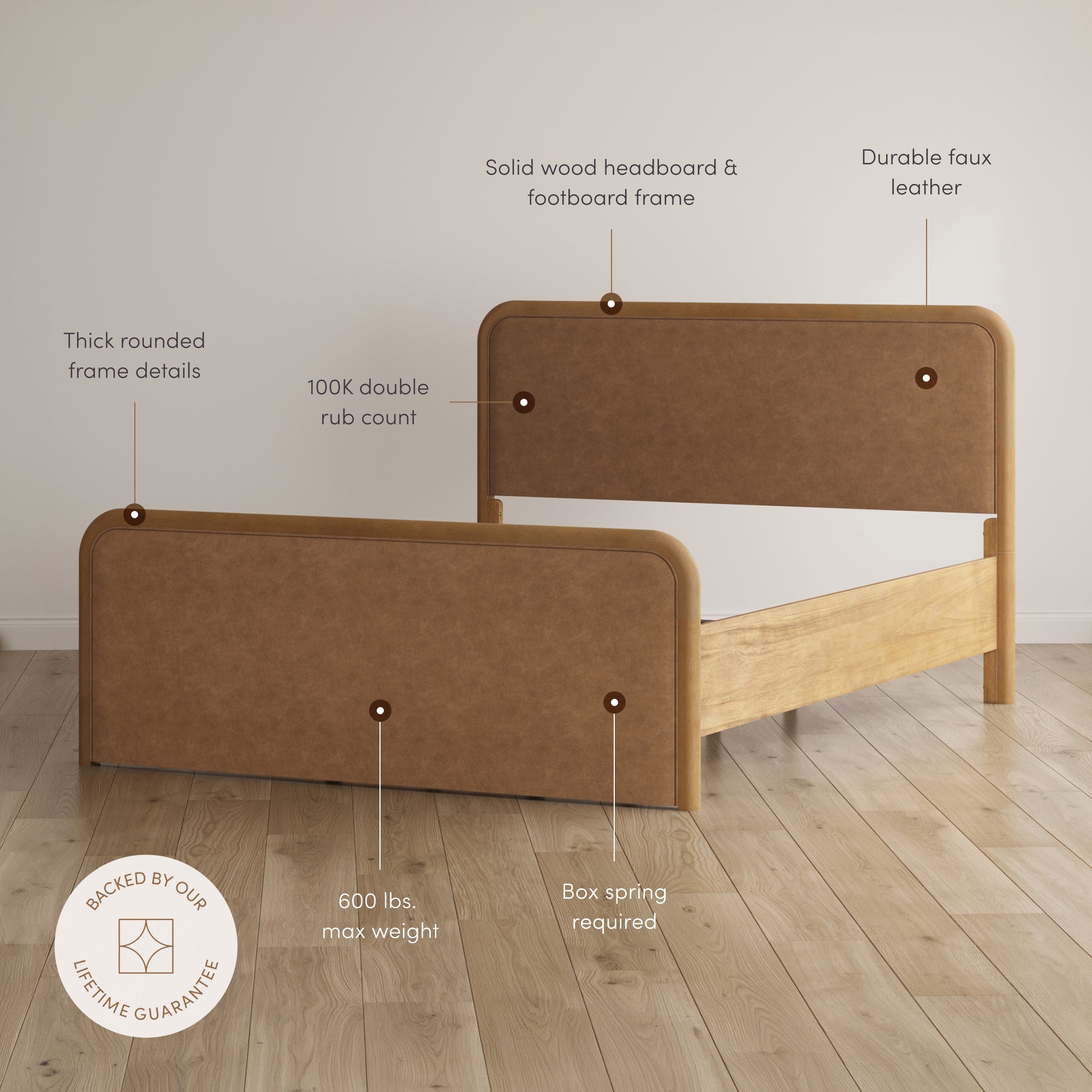 Queen Rounded Faux Leather Bed Frame with 2 Nightstands Light Brown - Nathan James