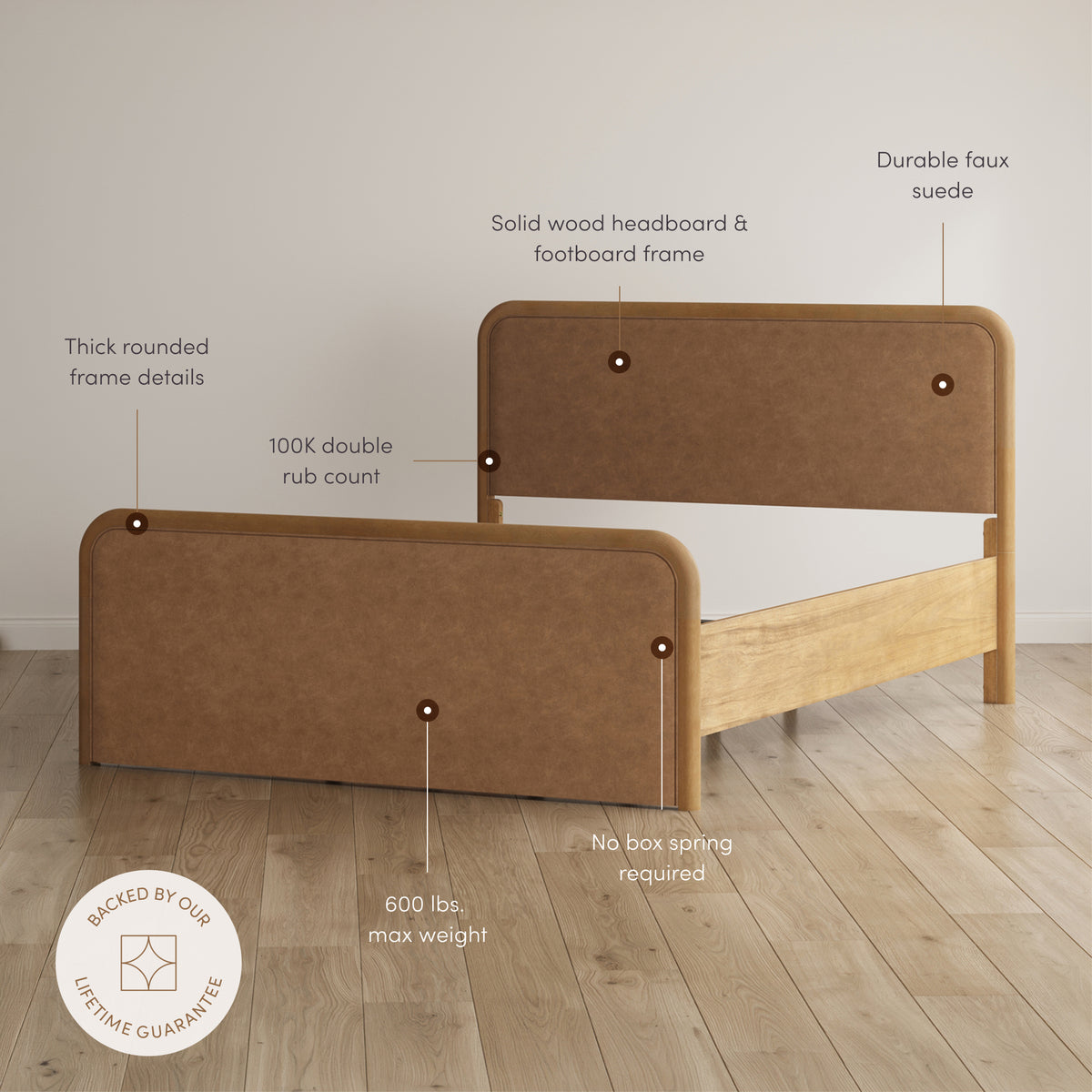 Queen Rounded Faux Suede Bed Frame with 2 Nightstands Light Brown - Nathan James