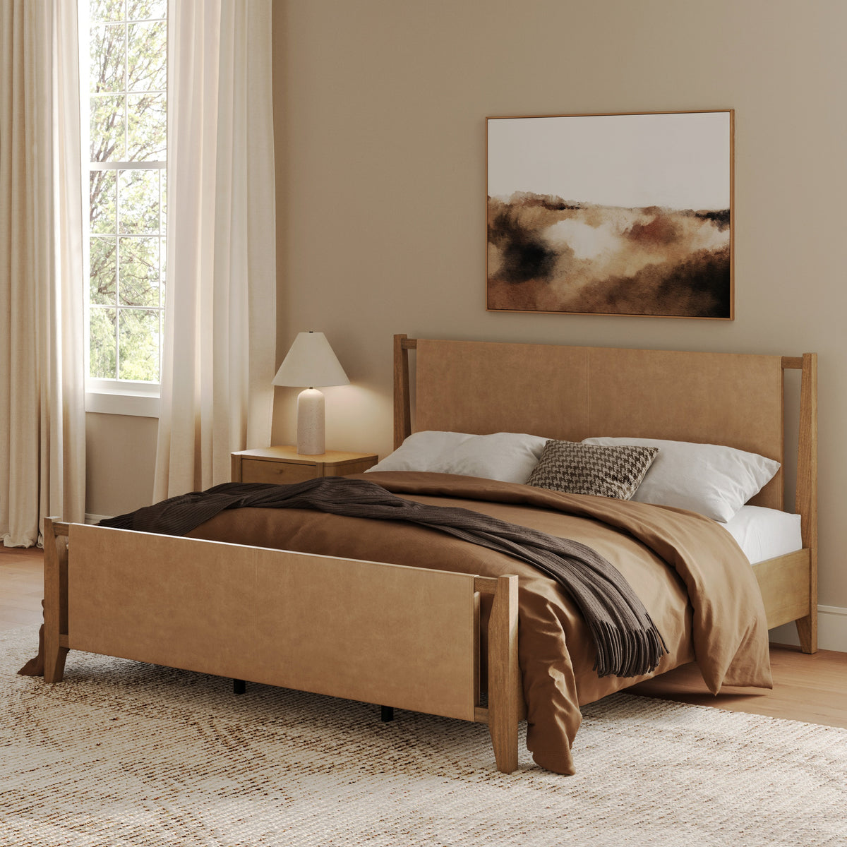 Wood & Faux Suede Bed Frame with Headboard Light Brown | Size King - Nathan James