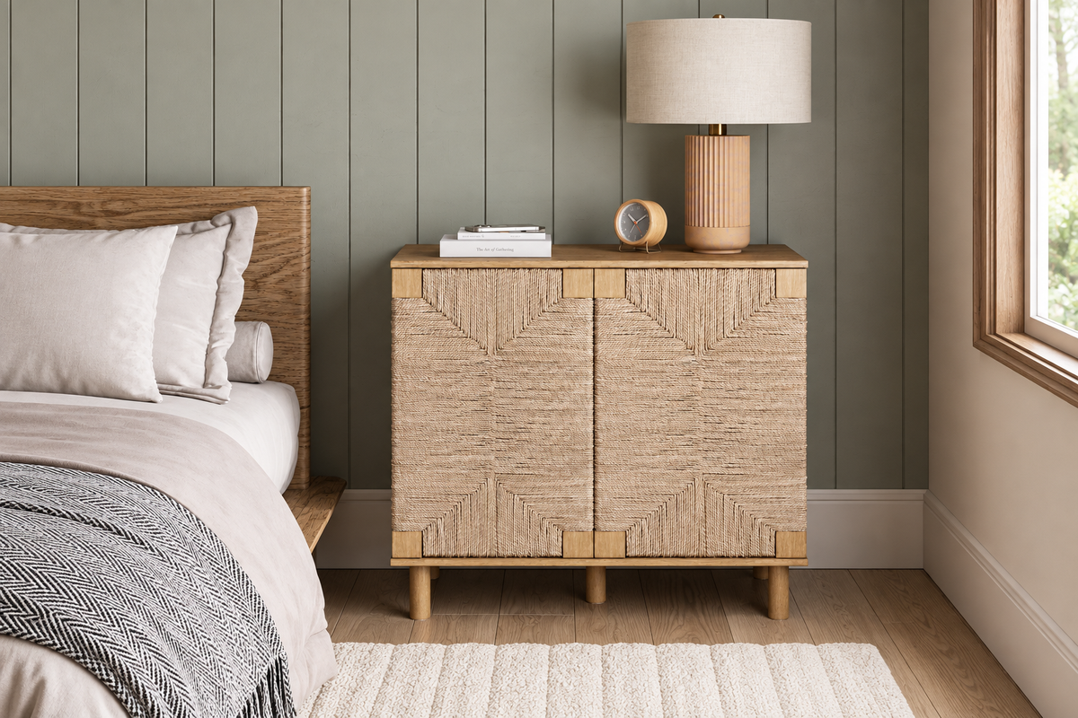 A wooden nightstand with two doors covered in woven rope, topped with a table lamp and a small clock, next to a bed.