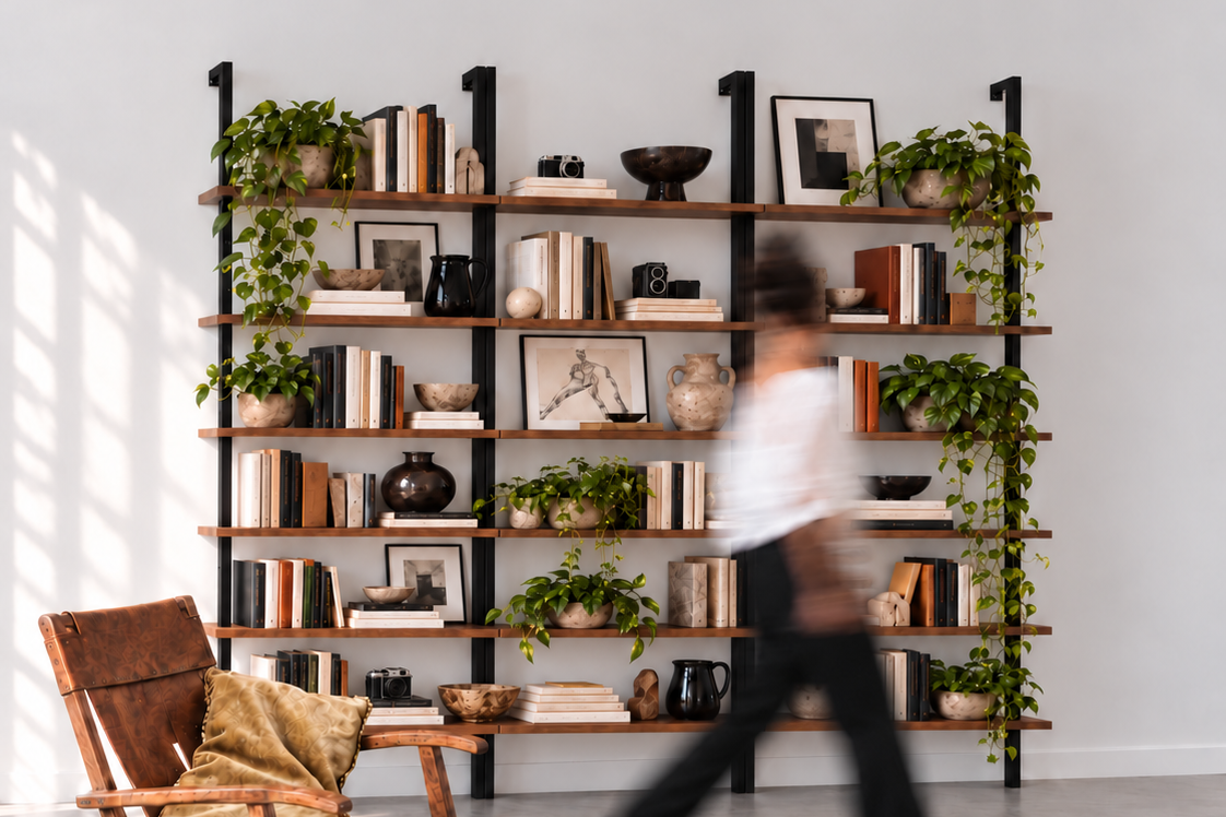 A person walks past a floor-to-ceiling wooden bookshelf styled with books, decorative bowls, potted plants, and framed art, with a leather armchair in the foreground.