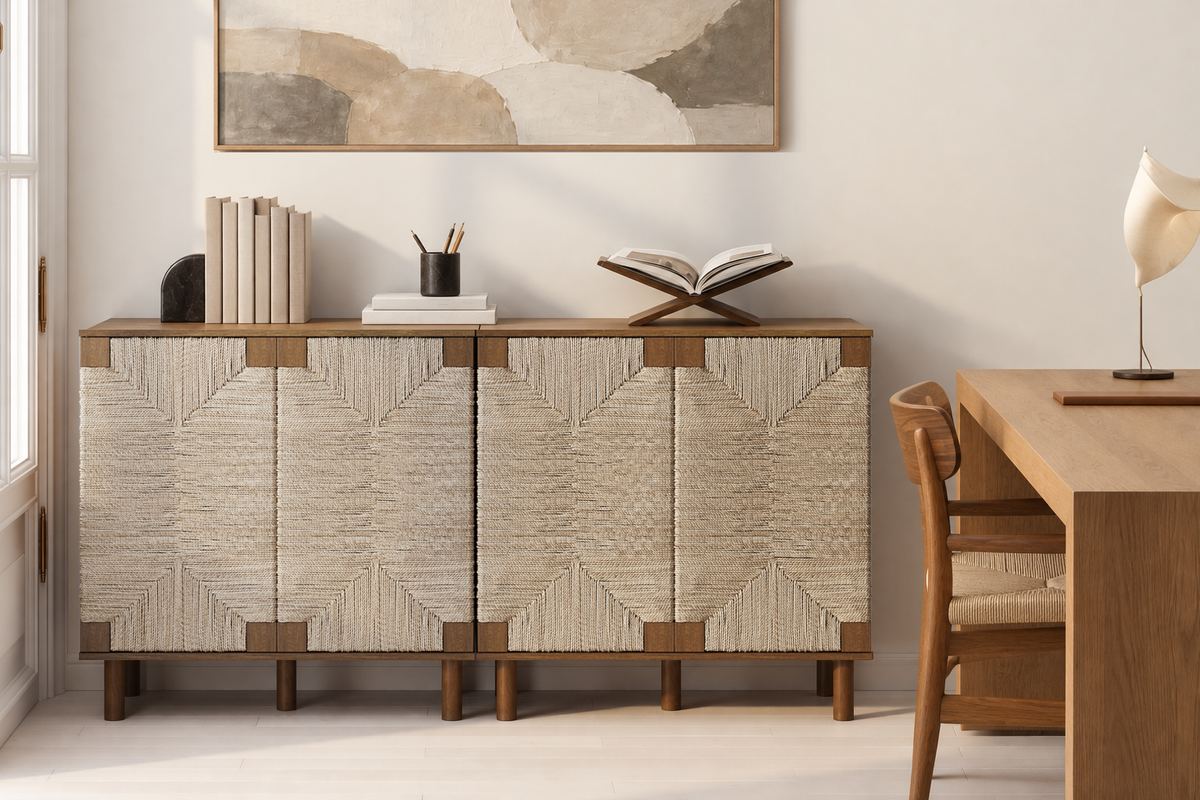 A wooden sideboard with four woven panel doors, topped with books, a pencil holder, and an open book on a stand, positioned next to a wooden desk and chair.