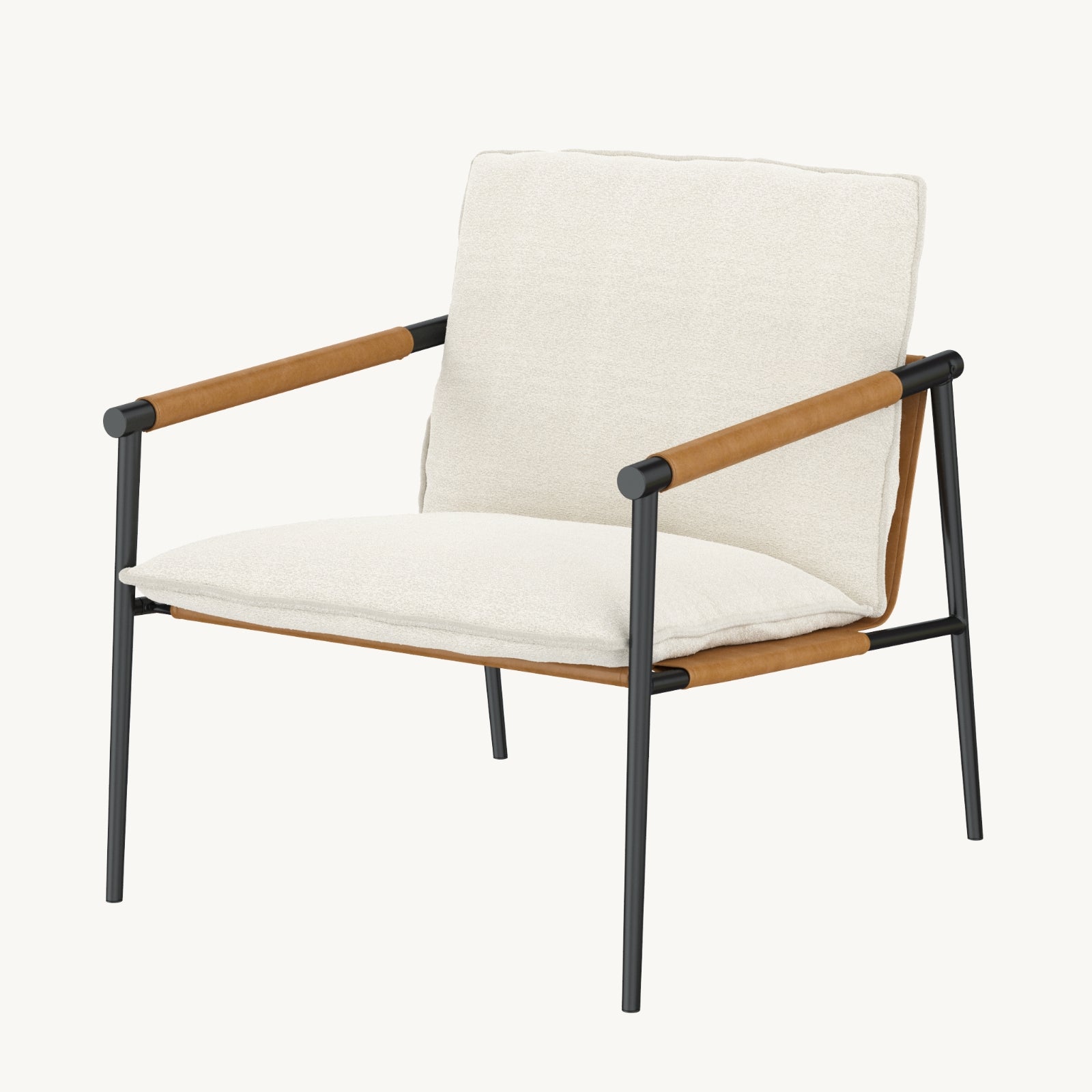 A modern accent chair with a black metal frame, light beige cushioned seat and backrest, and wooden armrests, photographed against a plain white background.