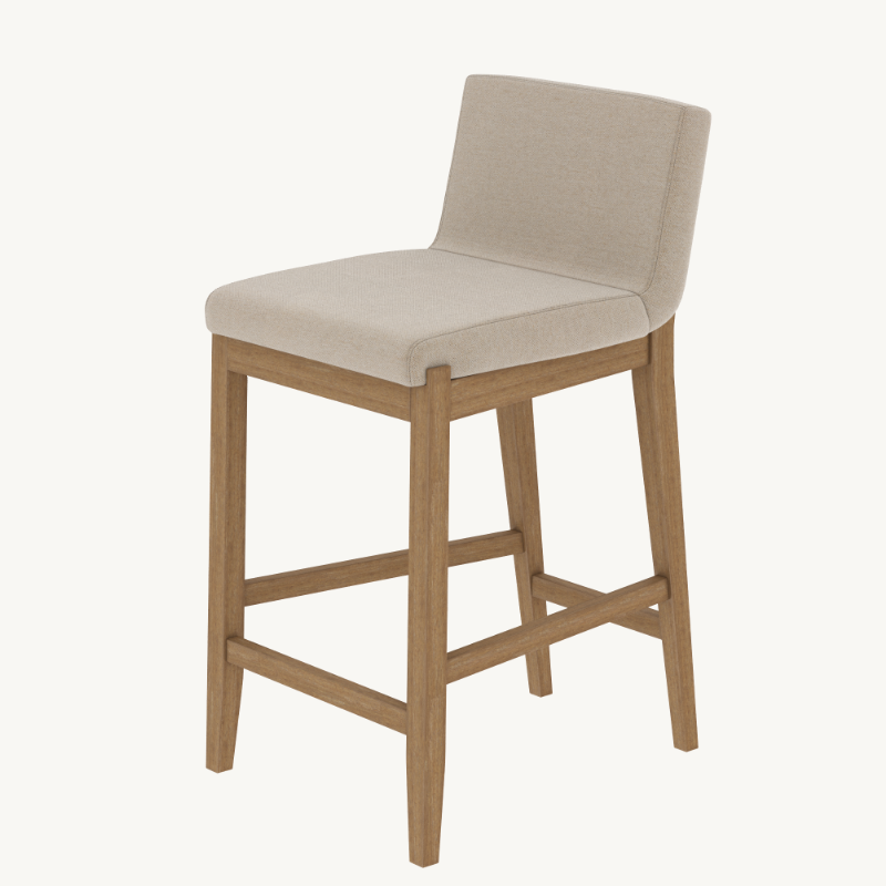 Counter stool with a light beige upholstered seat and backrest on a wooden frame.