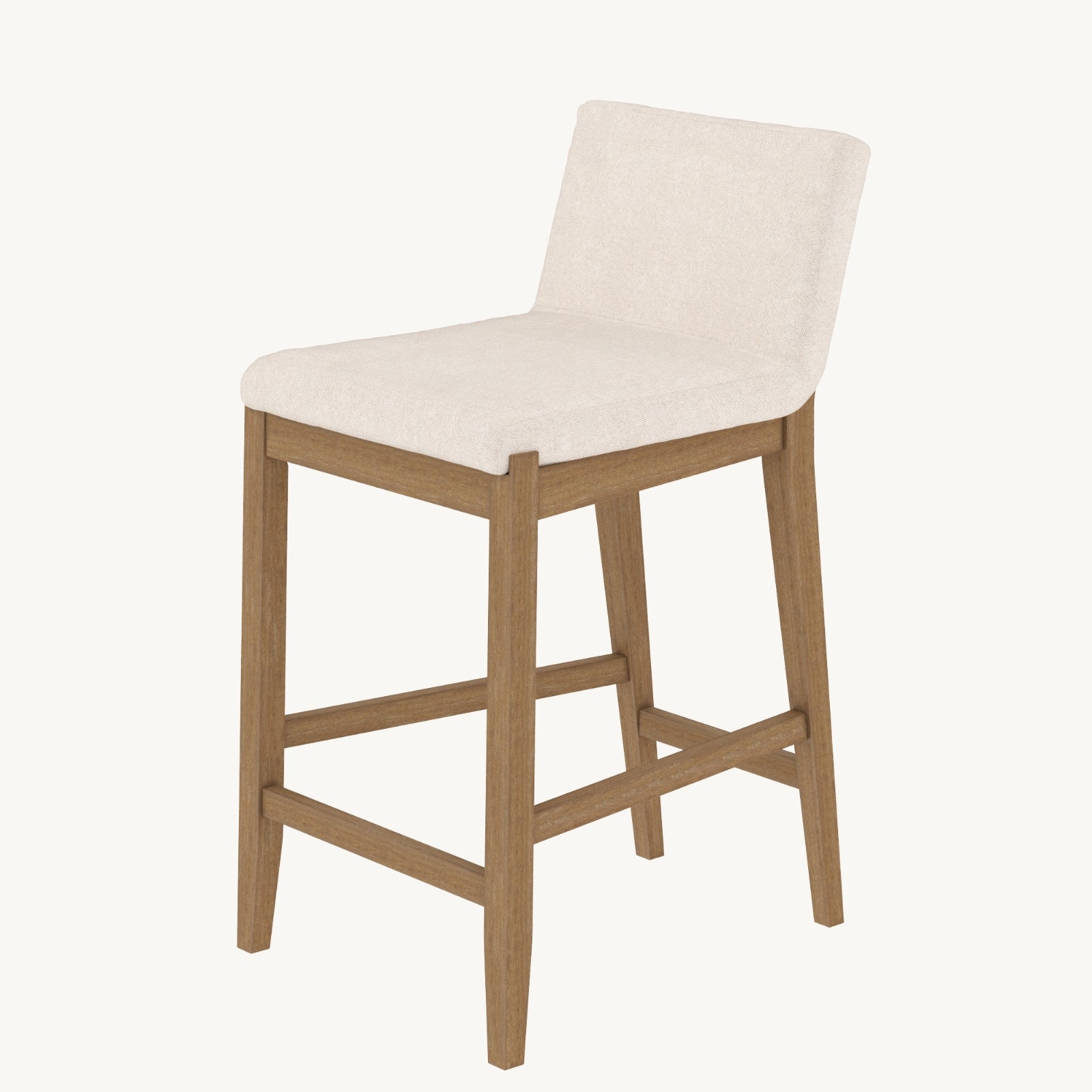 A modern bar stool with a light beige upholstered seat and backrest, supported by a wooden frame with four legs and connecting footrests.