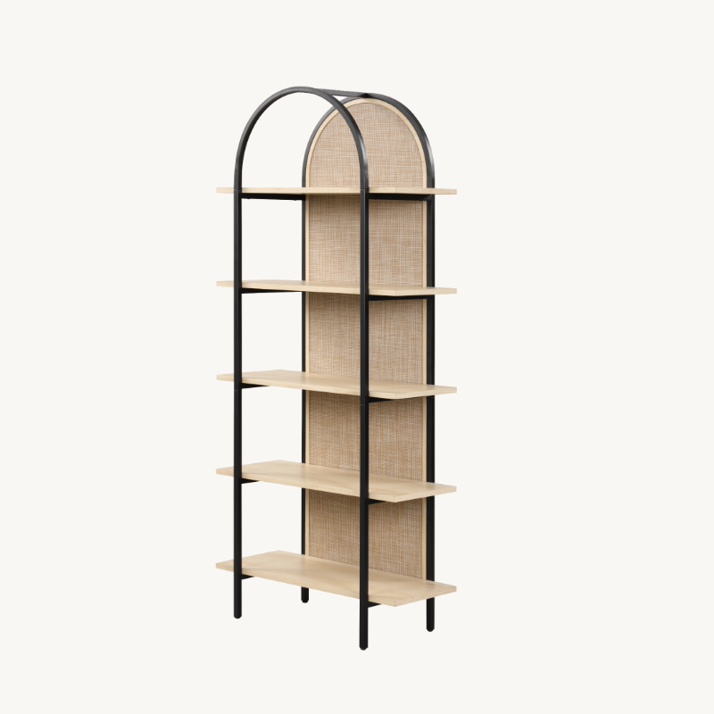 Tall arched metal shelving unit with five light wood shelves and a woven cane back panel.