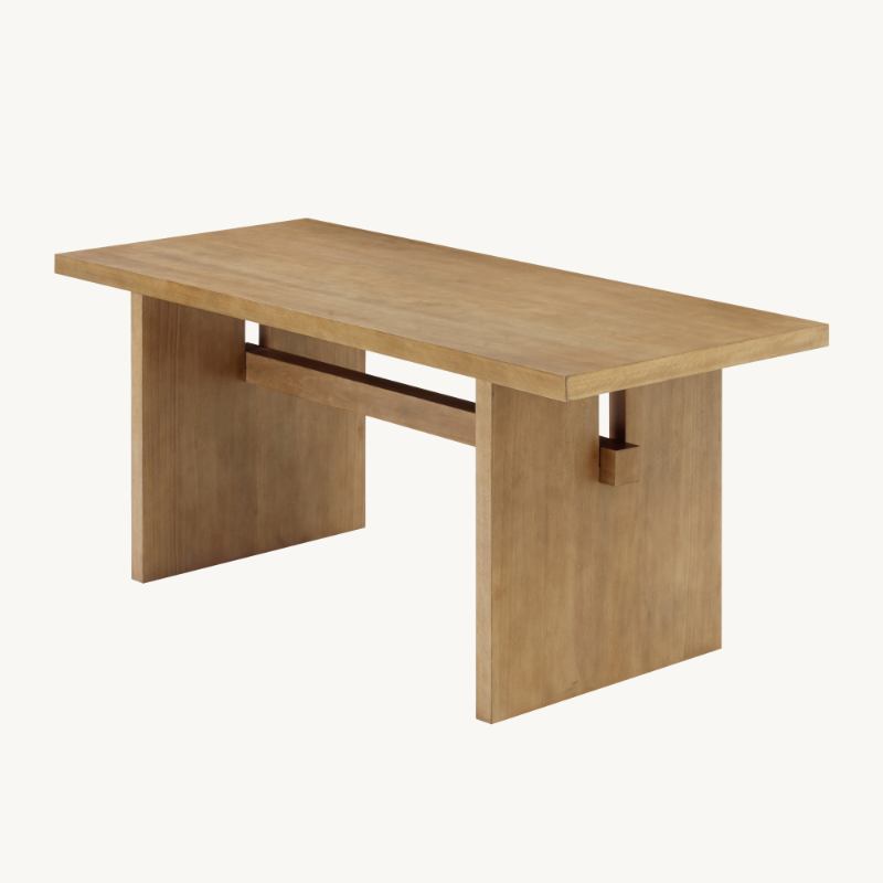 Rectangular wooden dining table with a trestle base and a horizontal support bar.