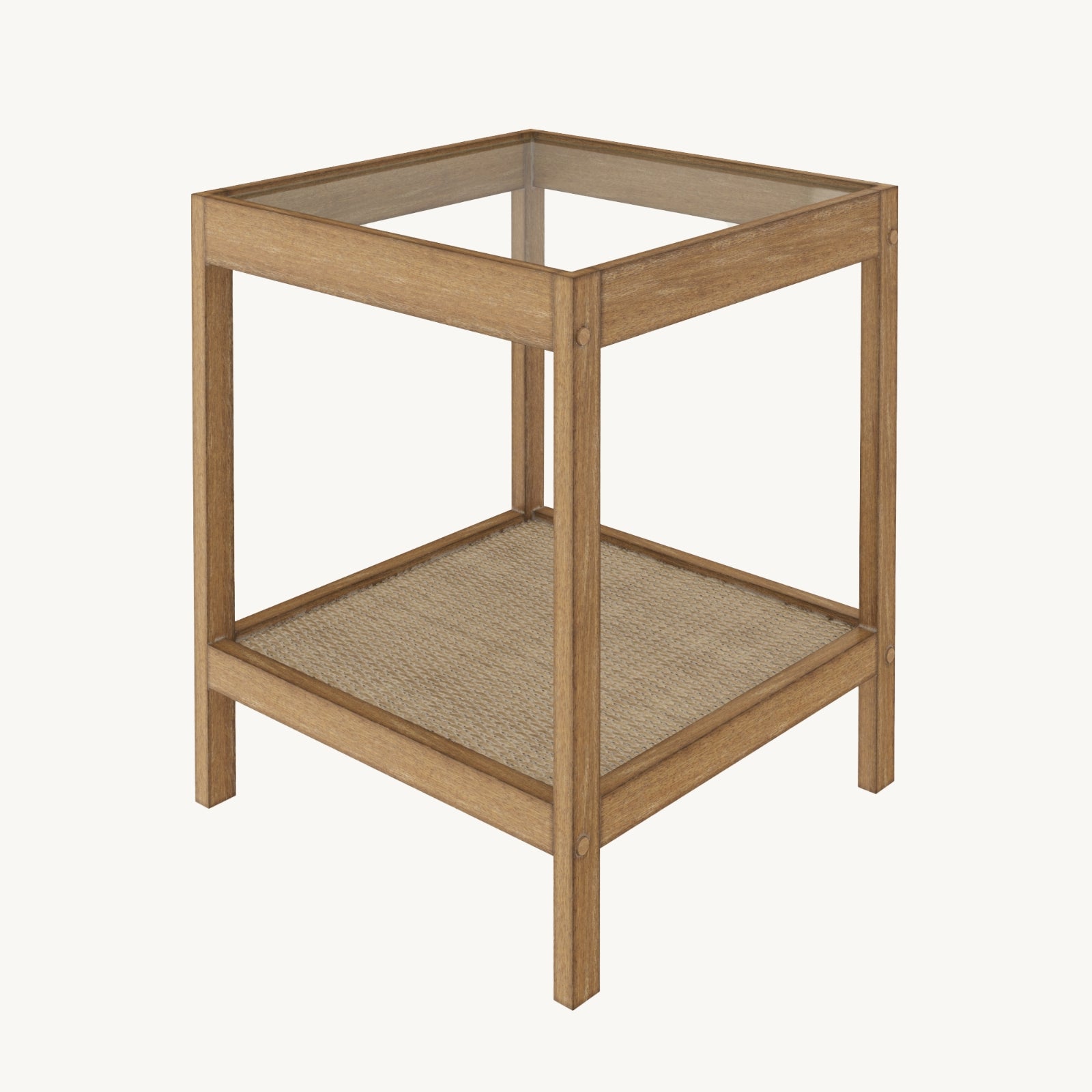 A wooden side table with a glass top and an open lower shelf made of woven material, shown against a plain white background.