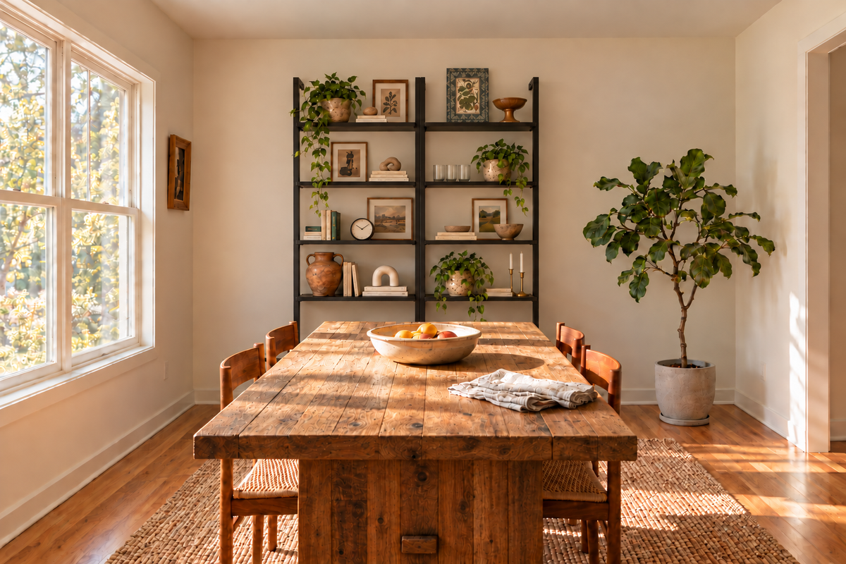 A wooden dining table with a bowl of fruit and a folded cloth sits in a bright room, centered in front of a floor-to-ceiling metal shelving unit filled with books, plants, and art.