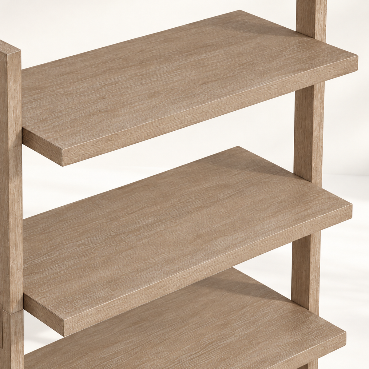 Three-tiered light wood shelving unit.