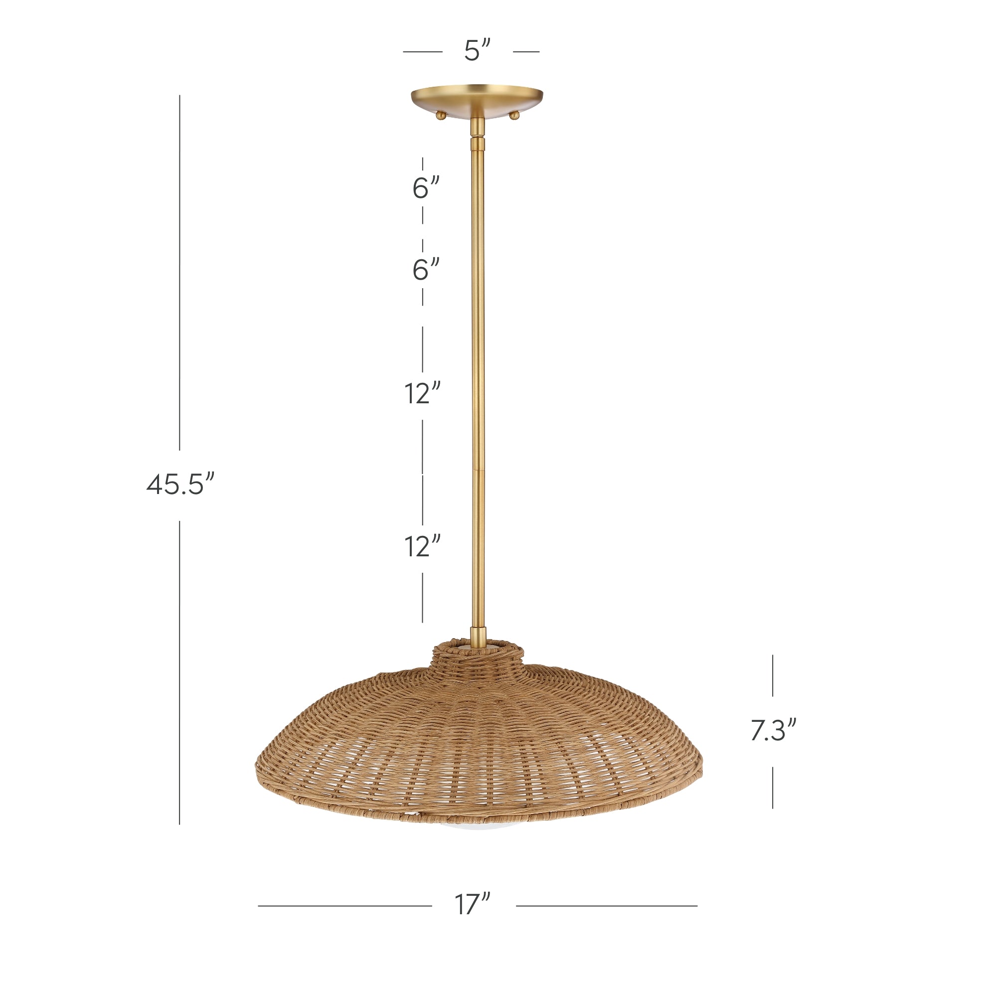 A pendant light with a woven rattan shade, gold fixture, and adjustable rod. The shade is 17 wide and 7.3 high; the total hanging length is 45.5. The ceiling plate is 5 wide.