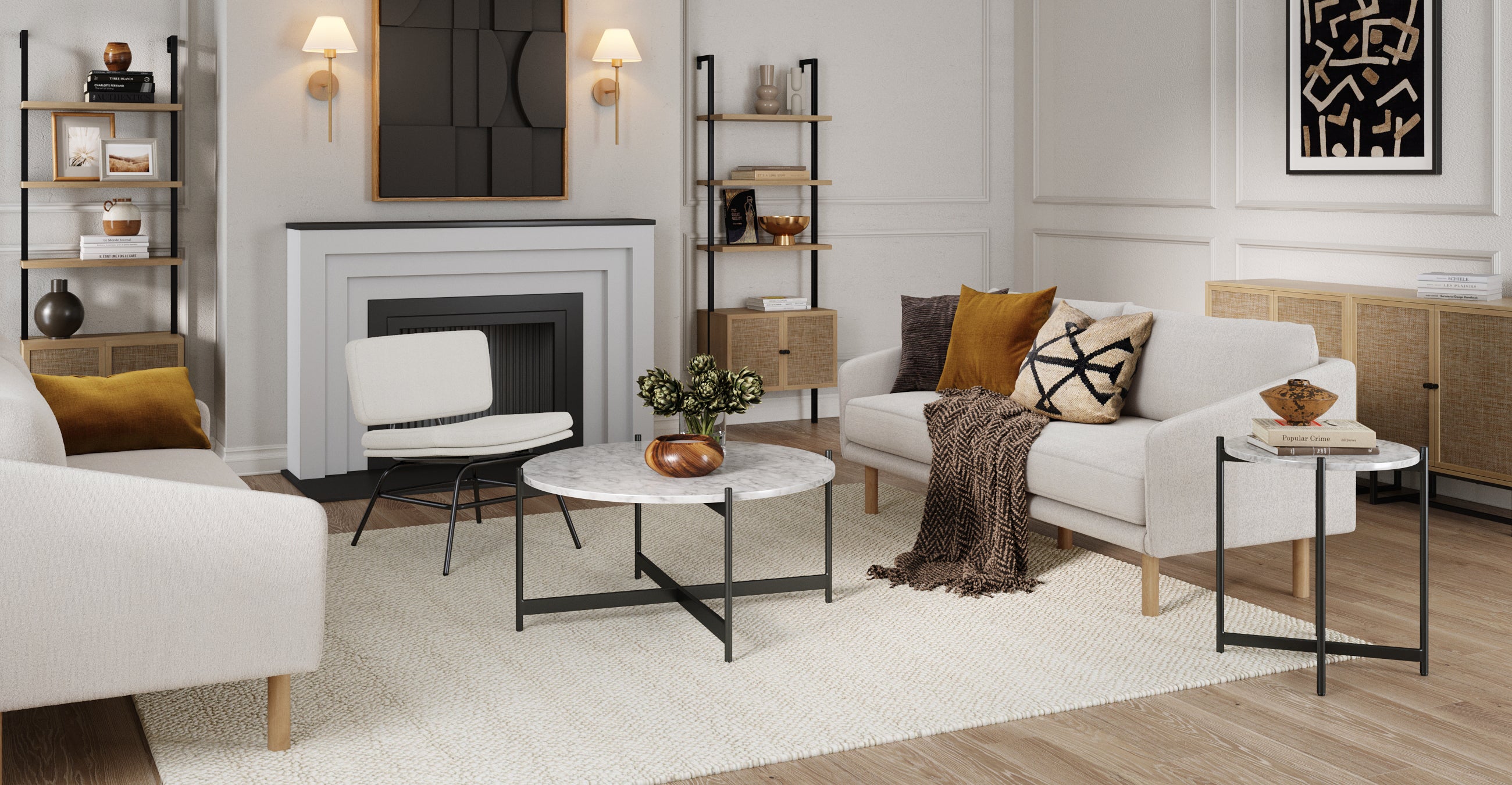 A modern living room with beige sofas, marble coffee tables, a light rug, wooden floors, and neutral decor. There are shelves, a fireplace, warm-toned cushions, throws, and wall art, creating a cozy, contemporary look.