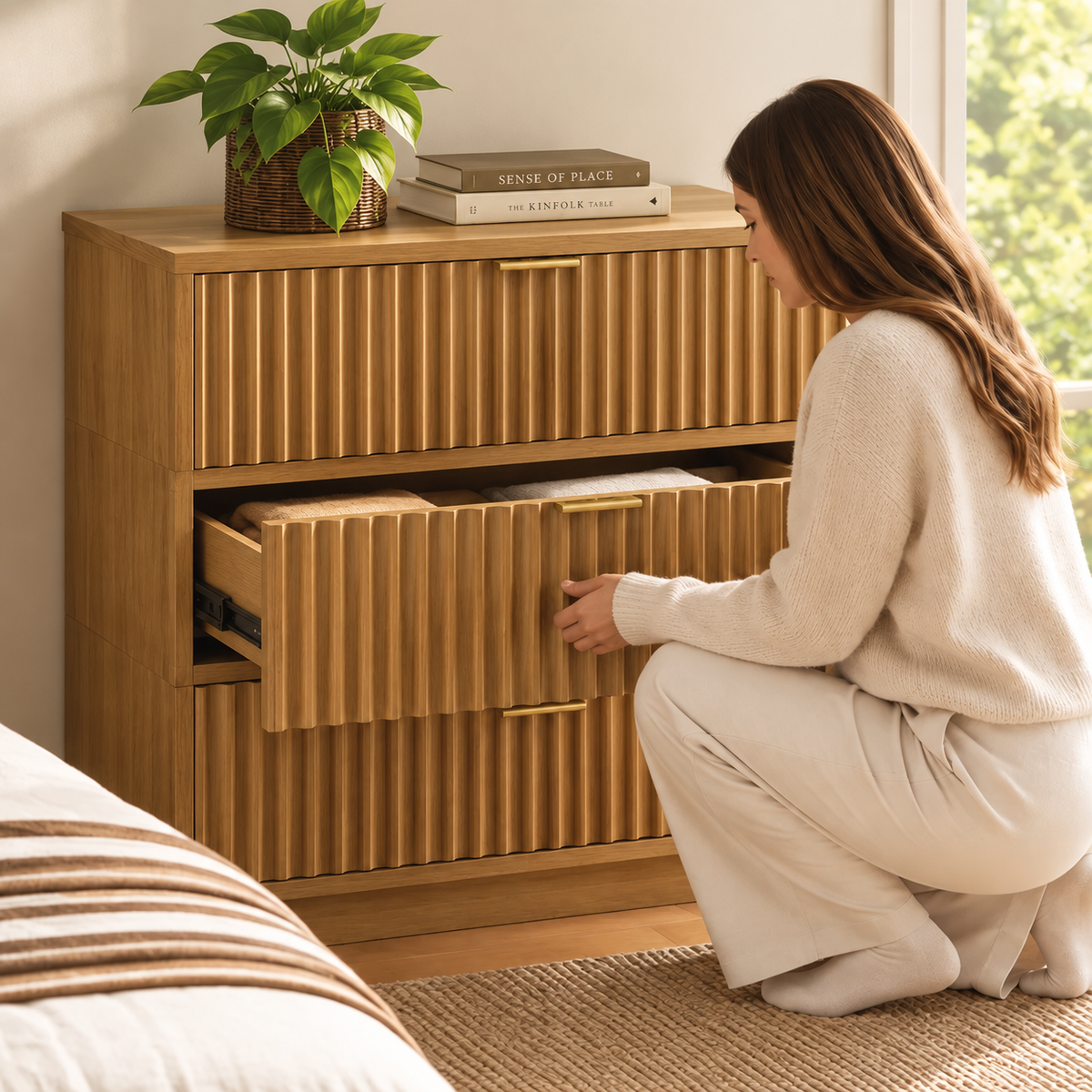 A woman in a cream sweater kneels to open a drawer of a wooden fluted-front dresser topped with a potted plant and two books.