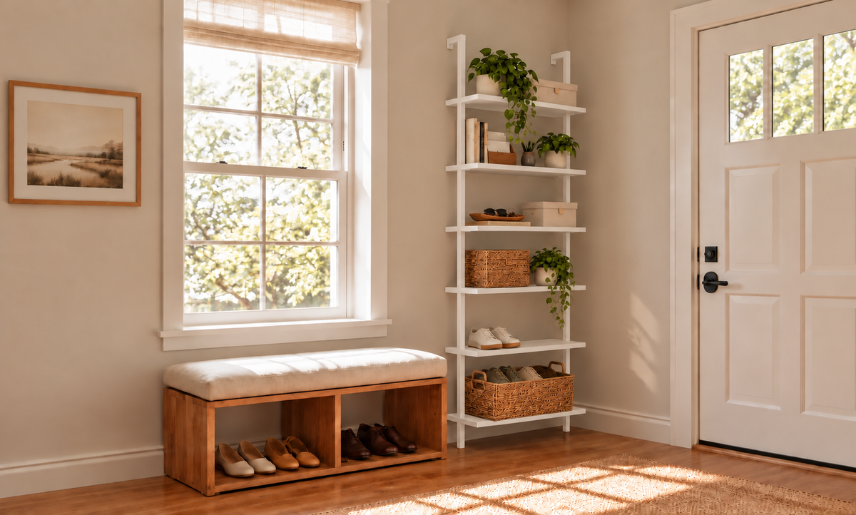 A wooden bench with shoes underneath sits below a window, next to a tall white shelving unit containing decor, plants, and shoes.