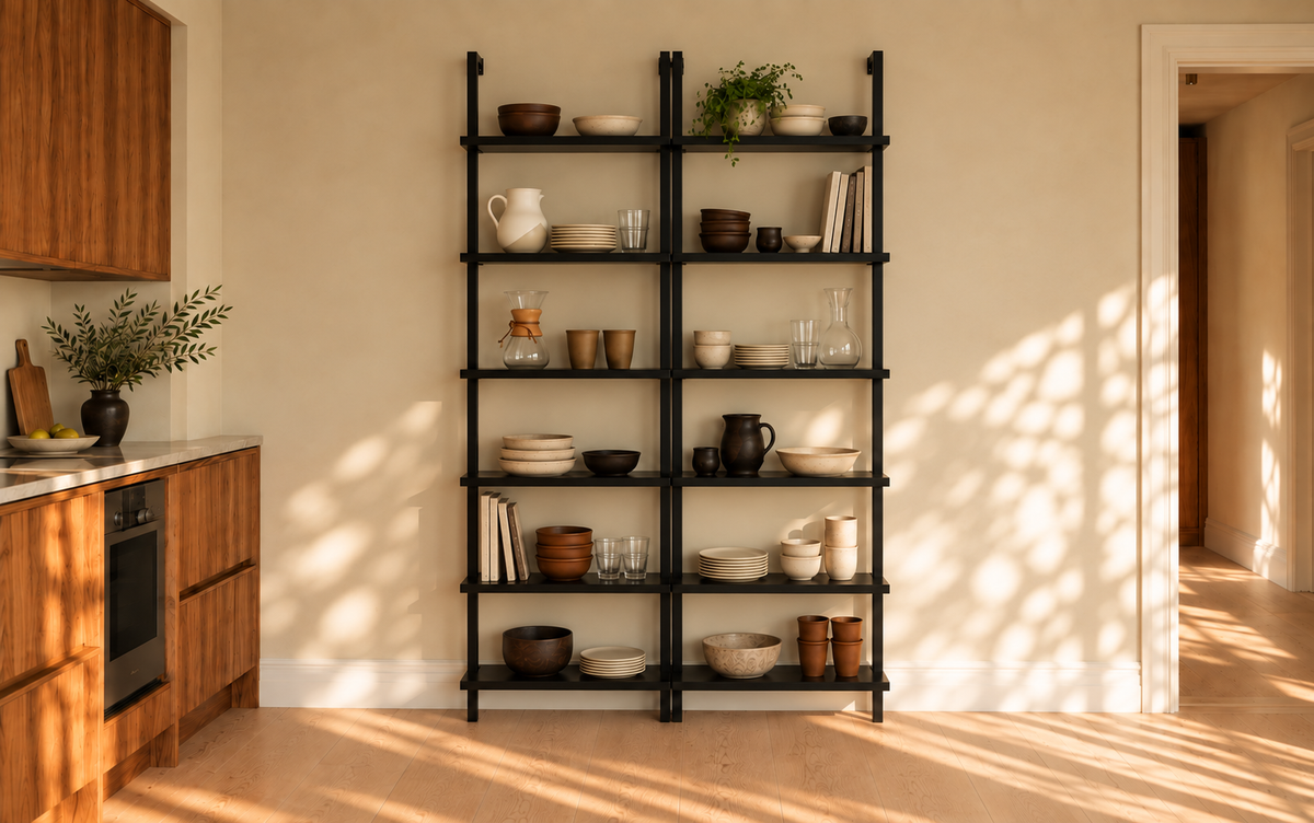 A two-section black metal shelving unit filled with various ceramic bowls, cups, plates, and glassware, set against a beige wall in a kitchen.