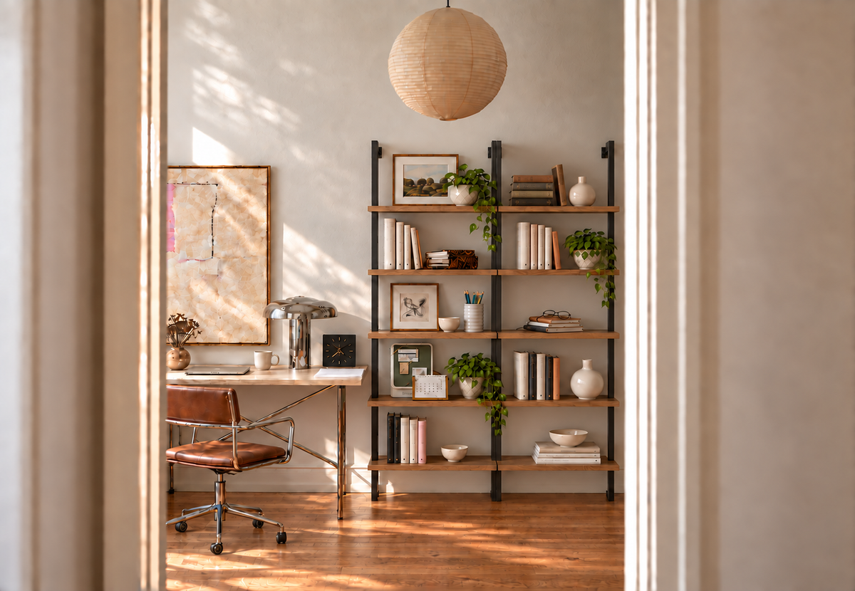 A home office featuring a desk with a brown leather chair and a metal-framed bookshelf filled with books, plants, and decorative objects.