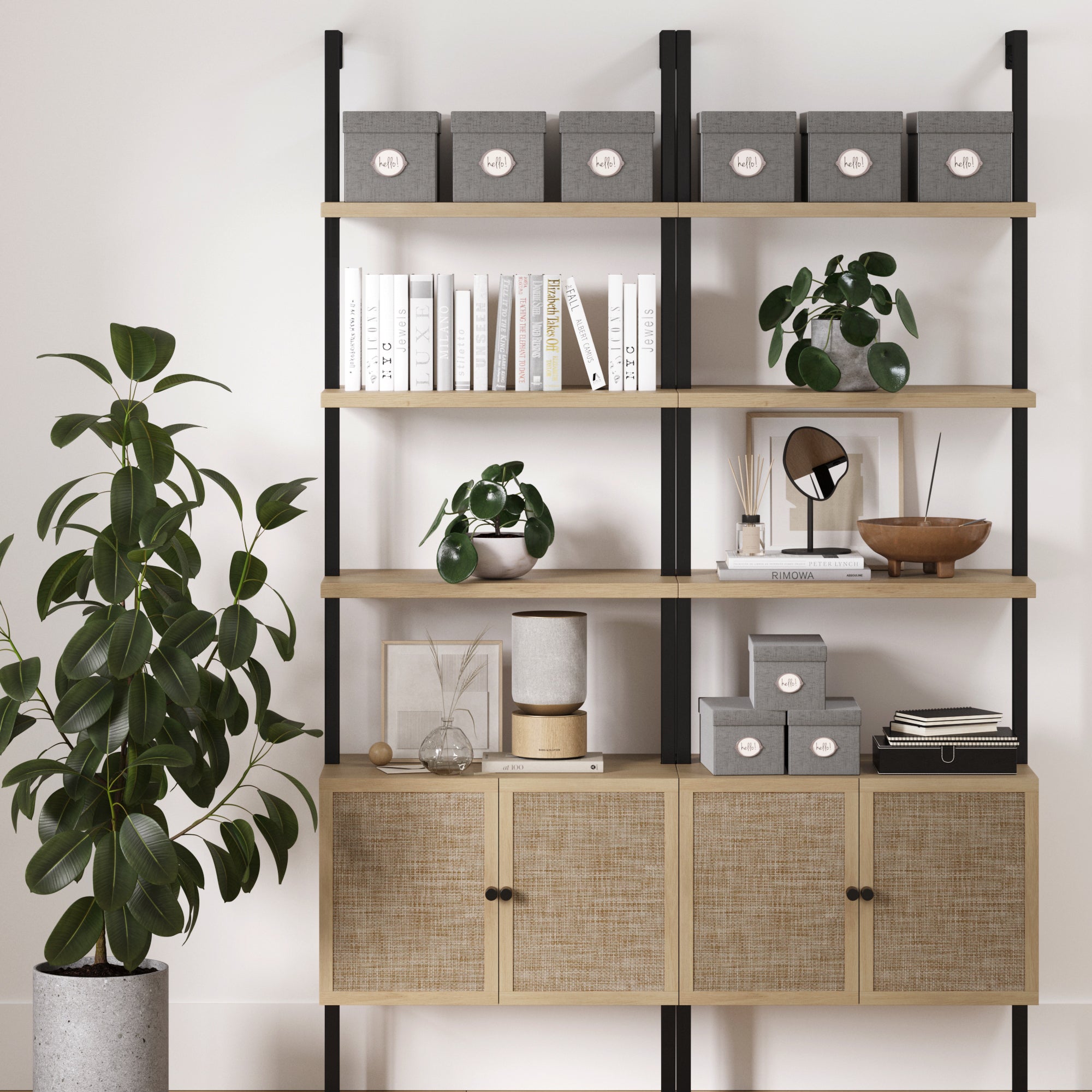 Rattan Ladder Wall Bookshelves with Doors Light Oak (Set of 2) - Nathan James