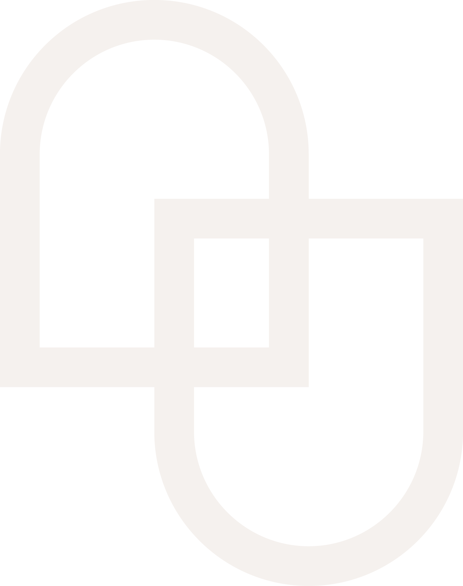 Minimalist design of two overlapping, rounded rectangles with open ends facing outward, forming an abstract, continuous loop. The shapes are white with a light beige background.