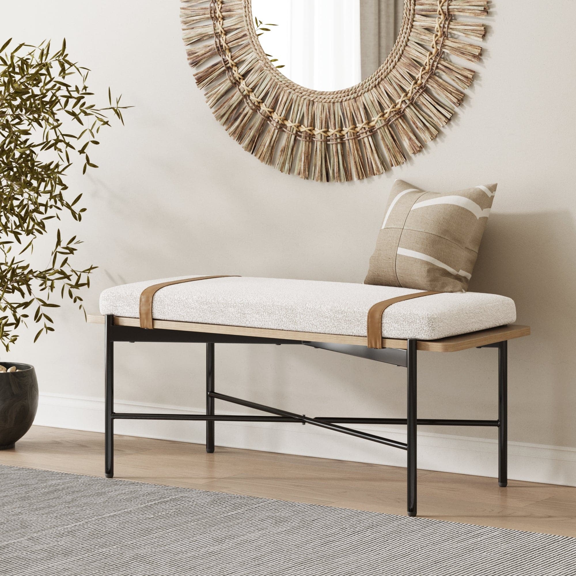 Boucle, Wood & Metal Removable Cushion Bench - Nathan James